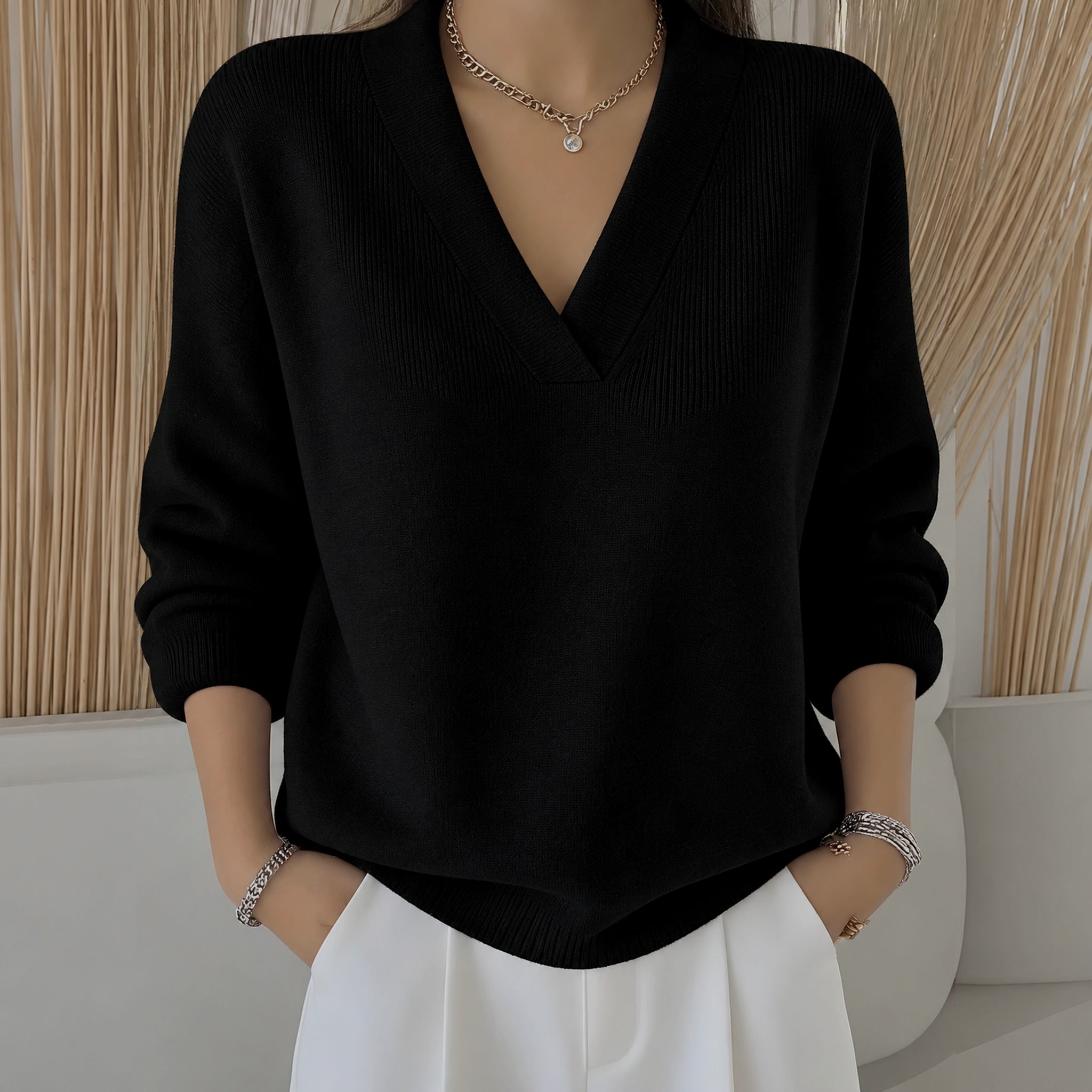 Mandy relaxed V neck sweater in Black, view 4