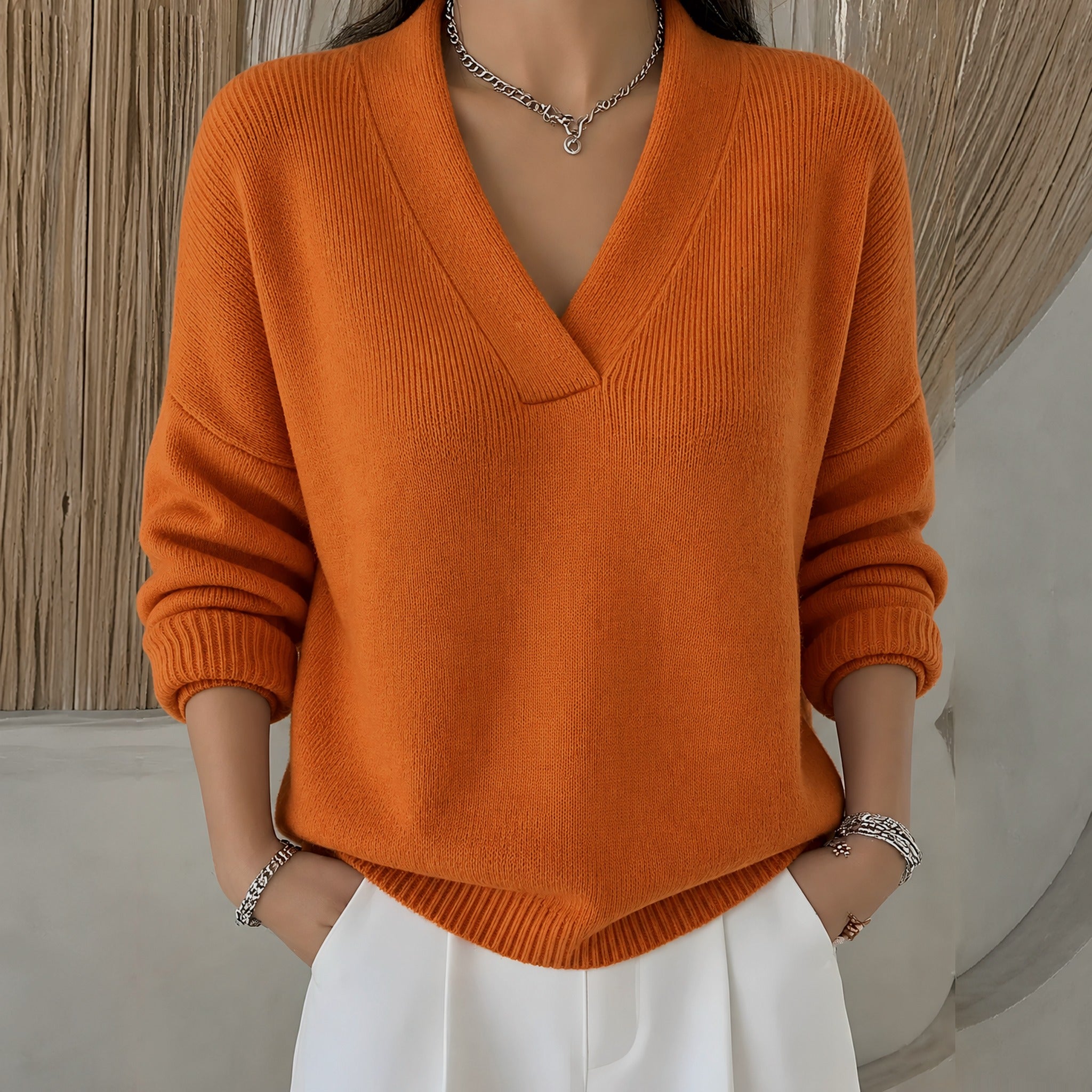 Mandy relaxed V neck sweater in Orange, view 5