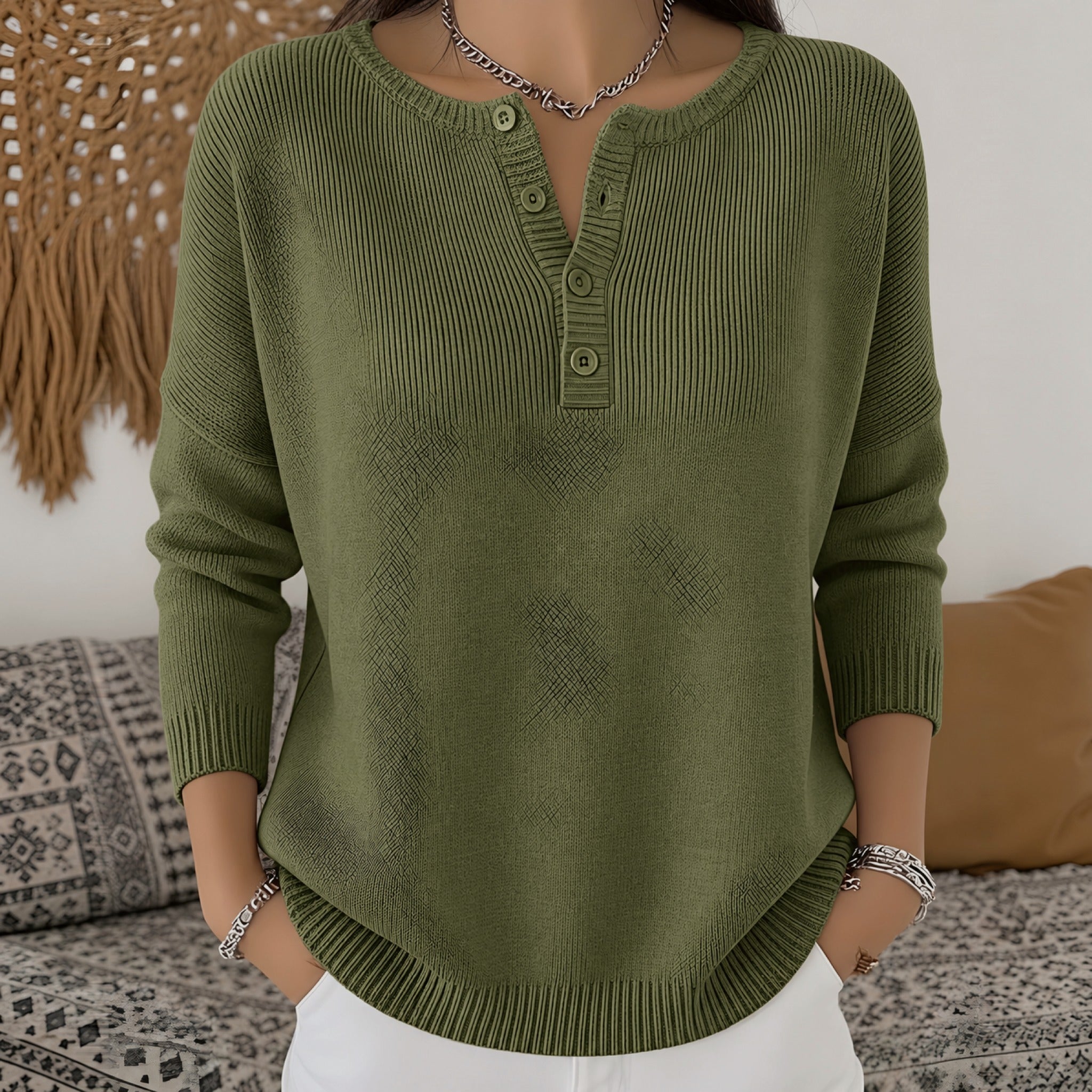Marlene henley button up knit sweater in Olive Green, front view