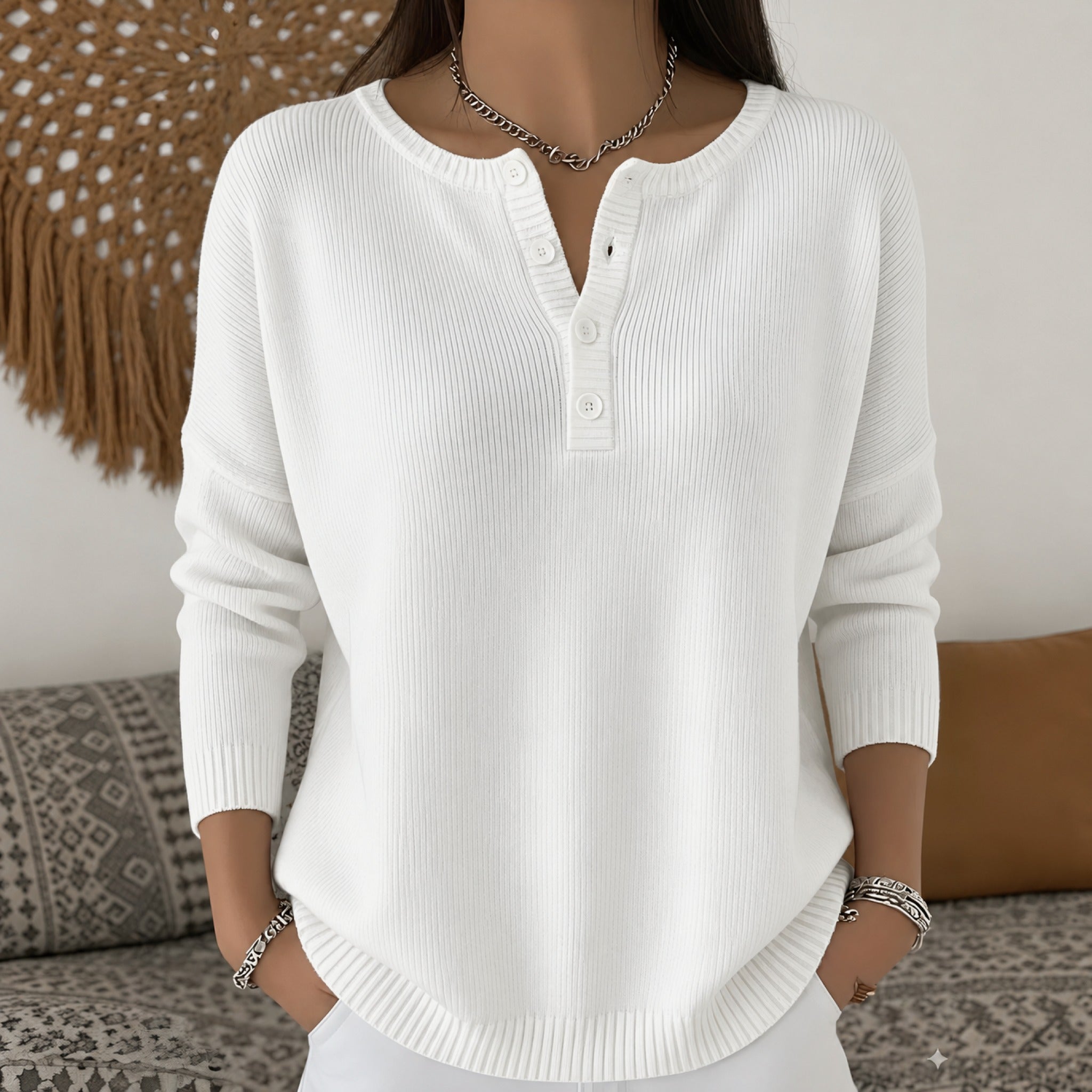 Marlene henley button up knit sweater in White, view 6