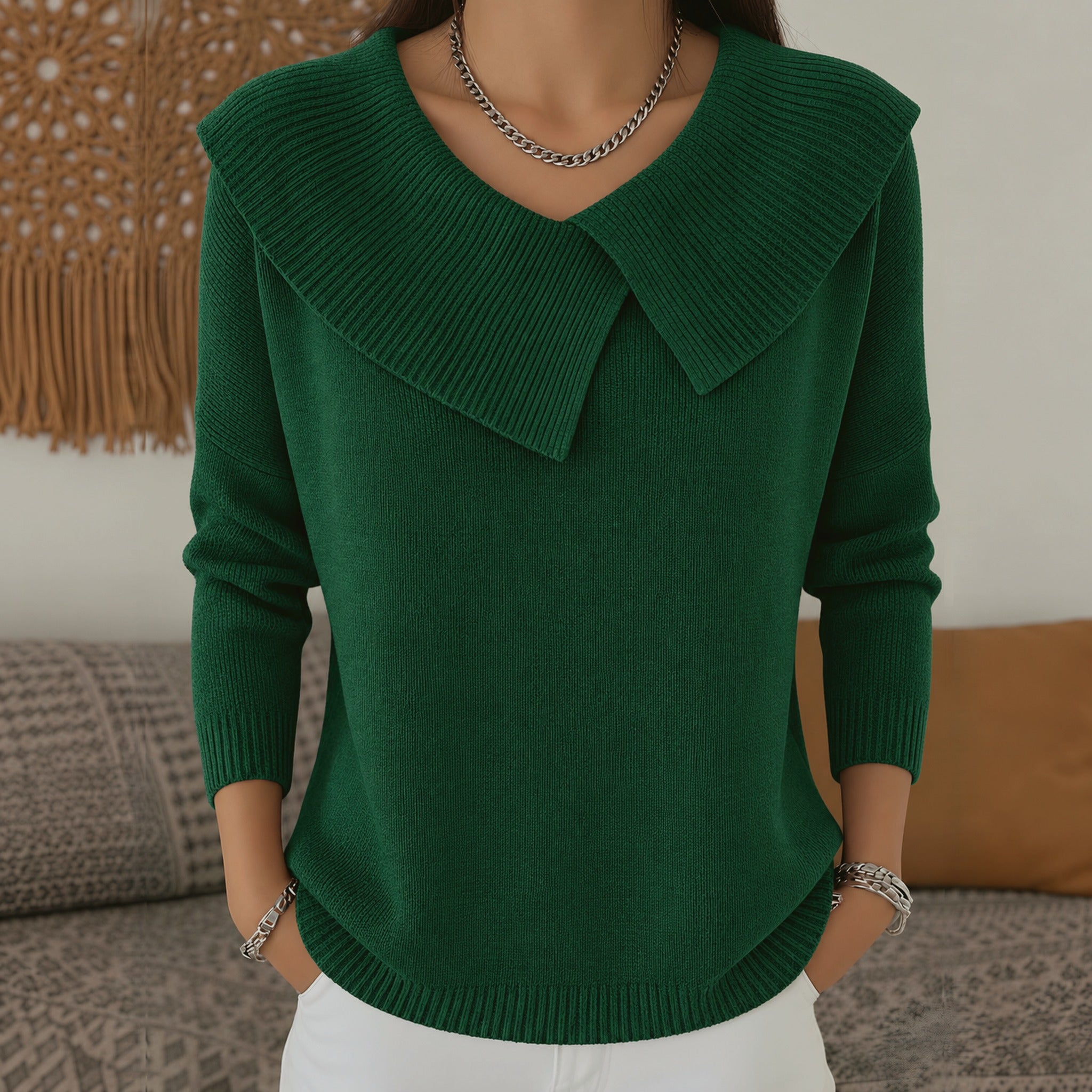 Meg wide collar knit sweater in Green, front view