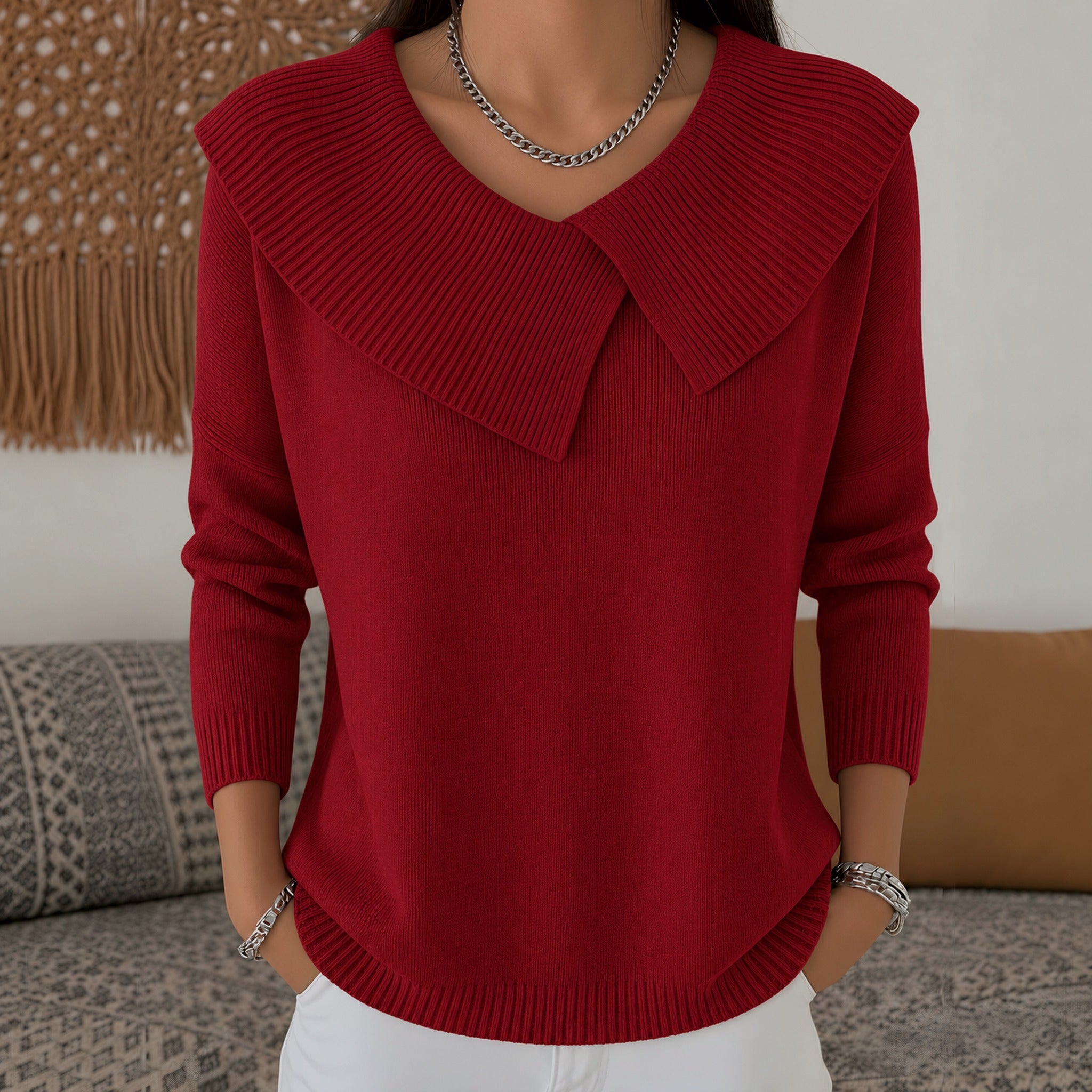 Meg wide collar knit sweater in Red, view 2