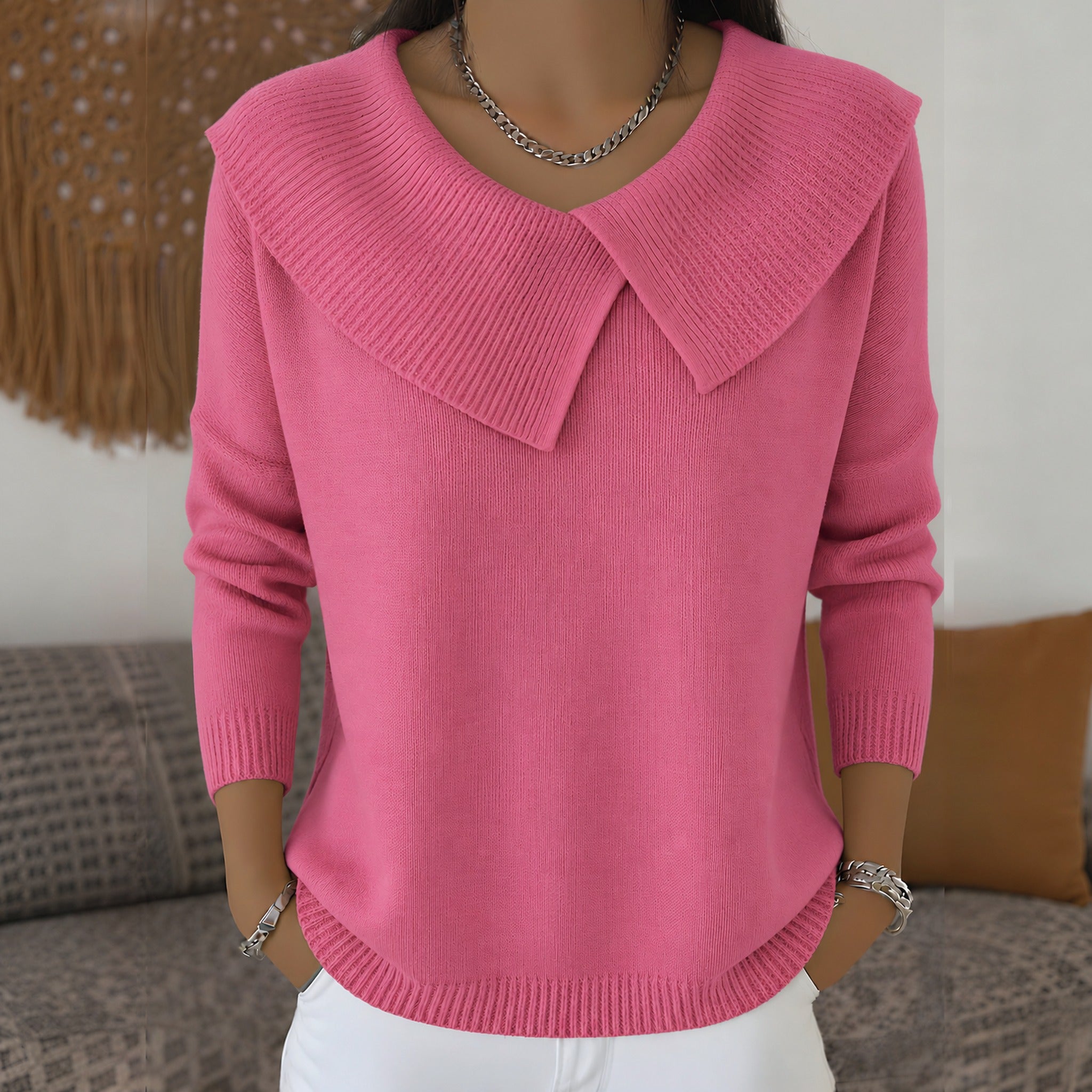 Meg wide collar knit sweater in Pink, view 3