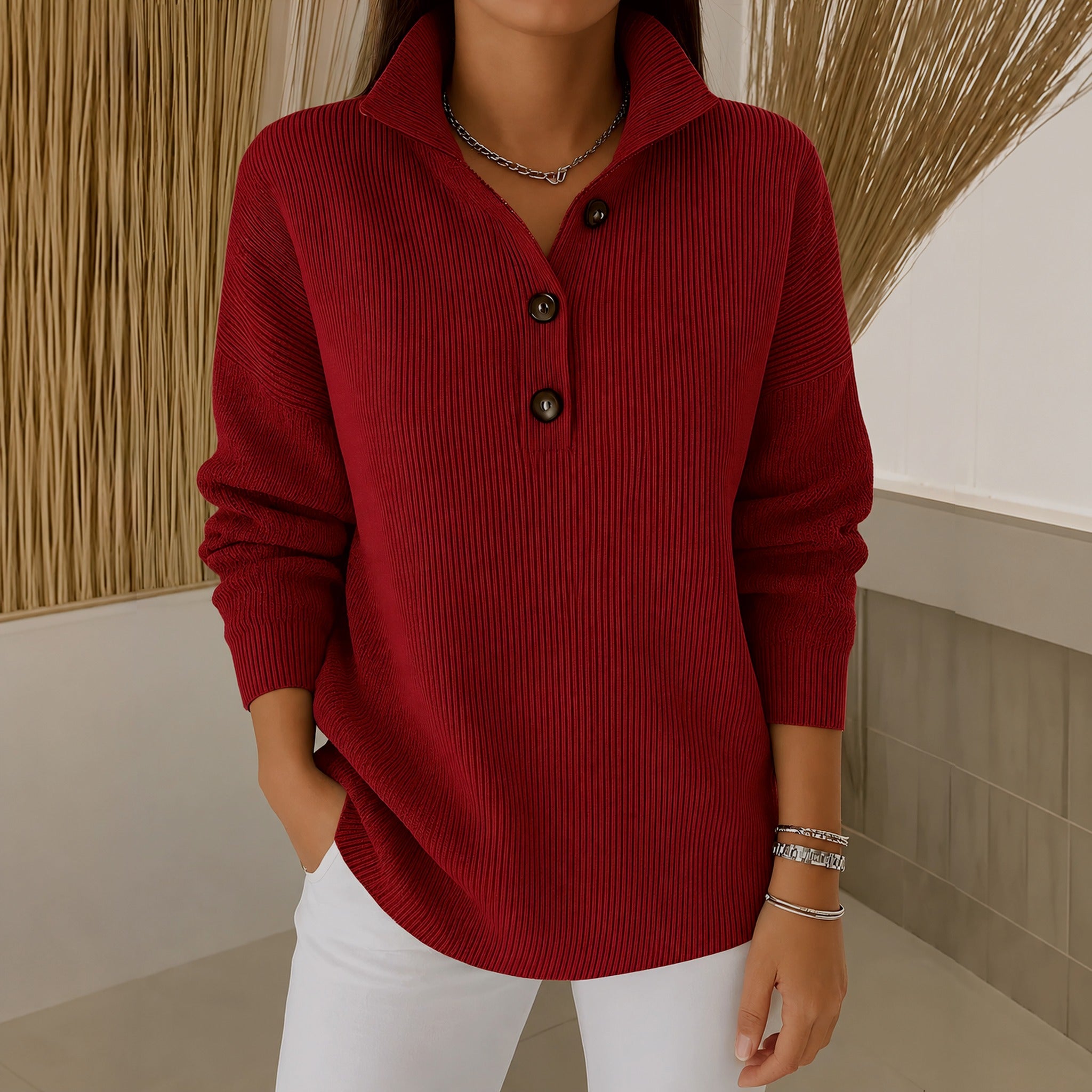 Becky V neck polo sweater in Burgundy, view 3