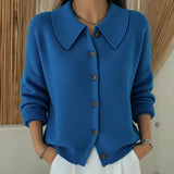 Misty point collar button cardigan in Blue, front view