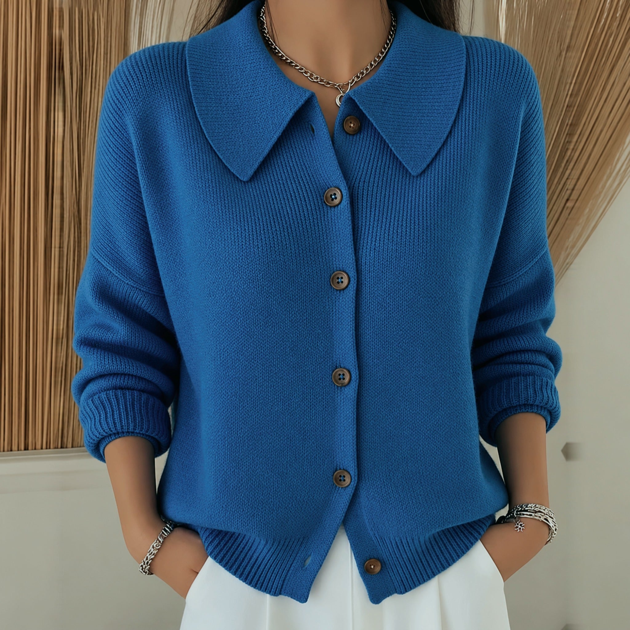 Misty point collar button cardigan in Blue, front view