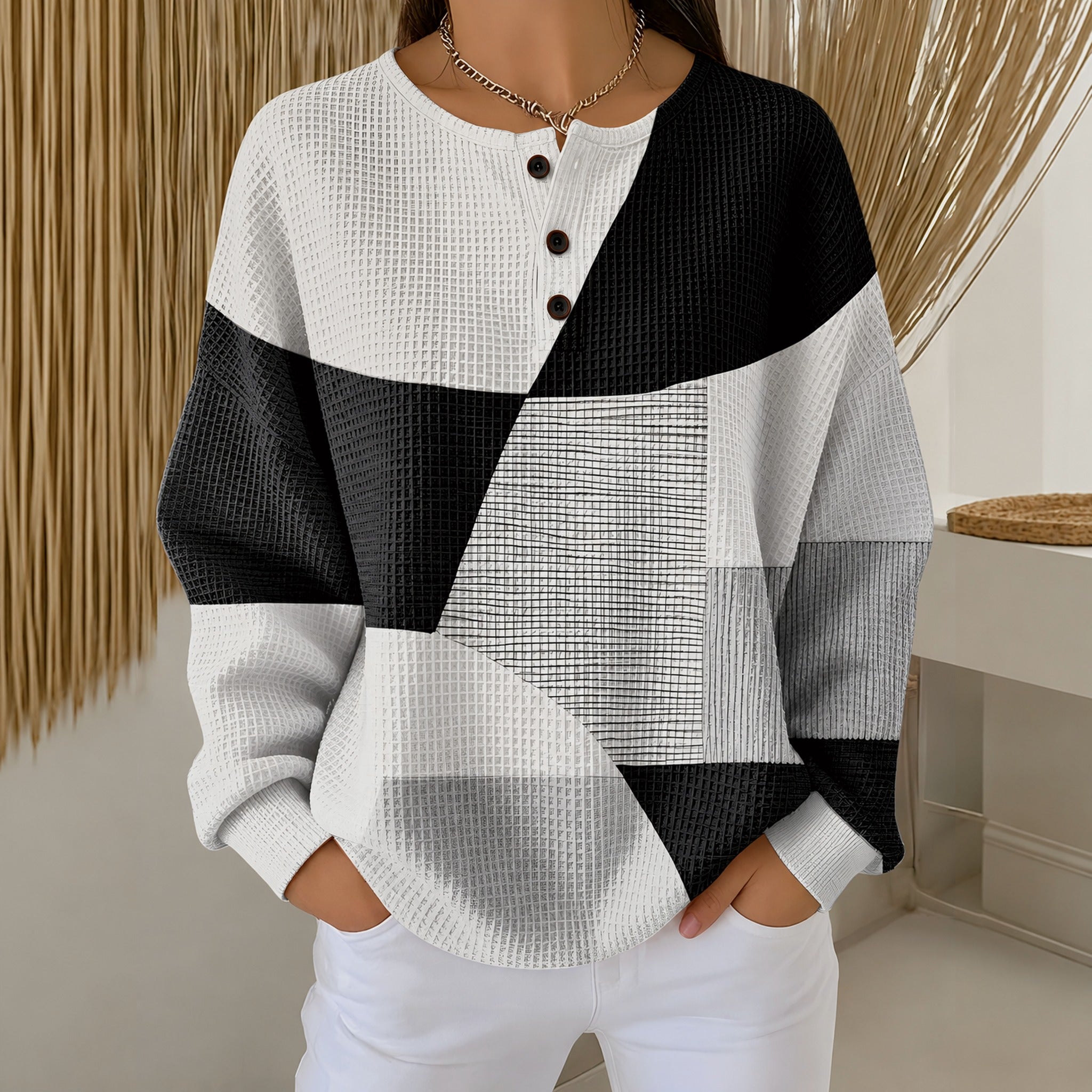 Pam waffle knit color block sweater in Gray, front view