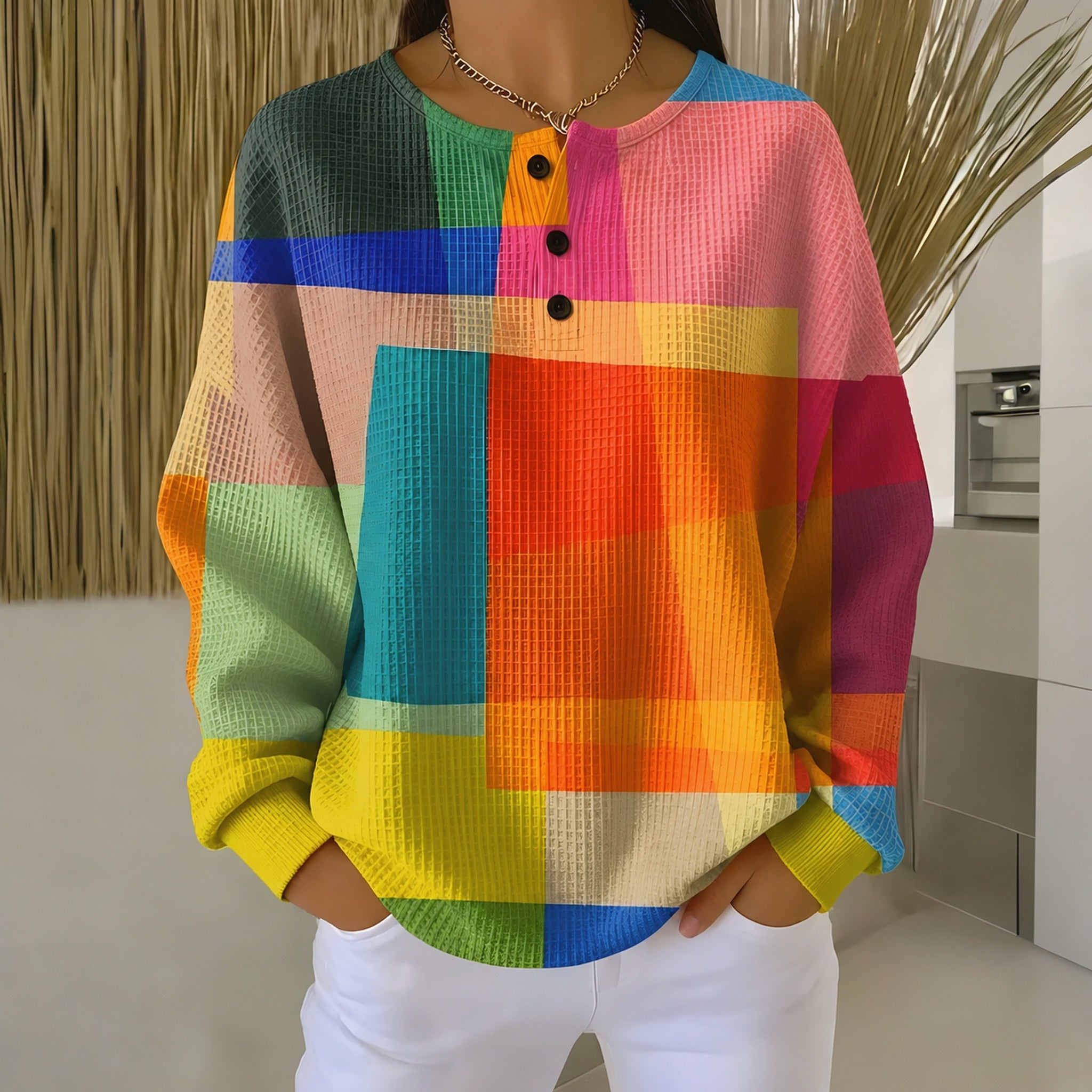 Pam waffle knit color block sweater in Multicolor, view 2