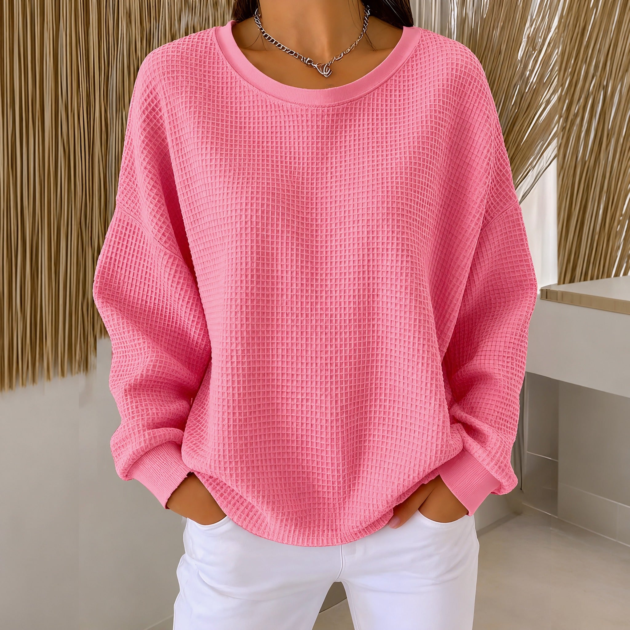 Raelynn classic waffle knit sweater in Pink, front view