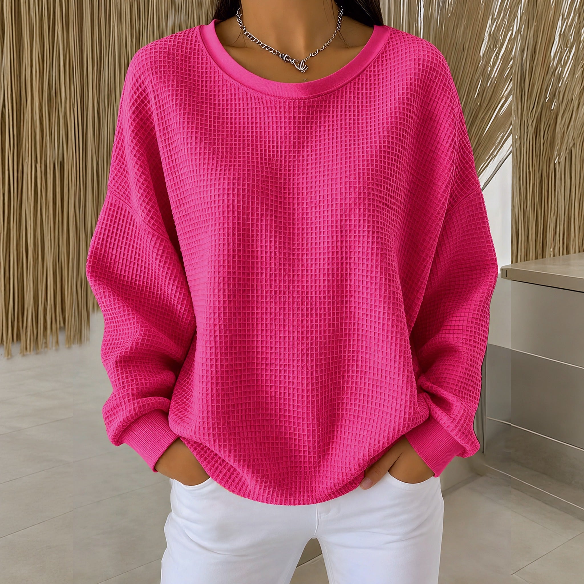Raelynn classic waffle knit sweater in Fuchsia, view 2