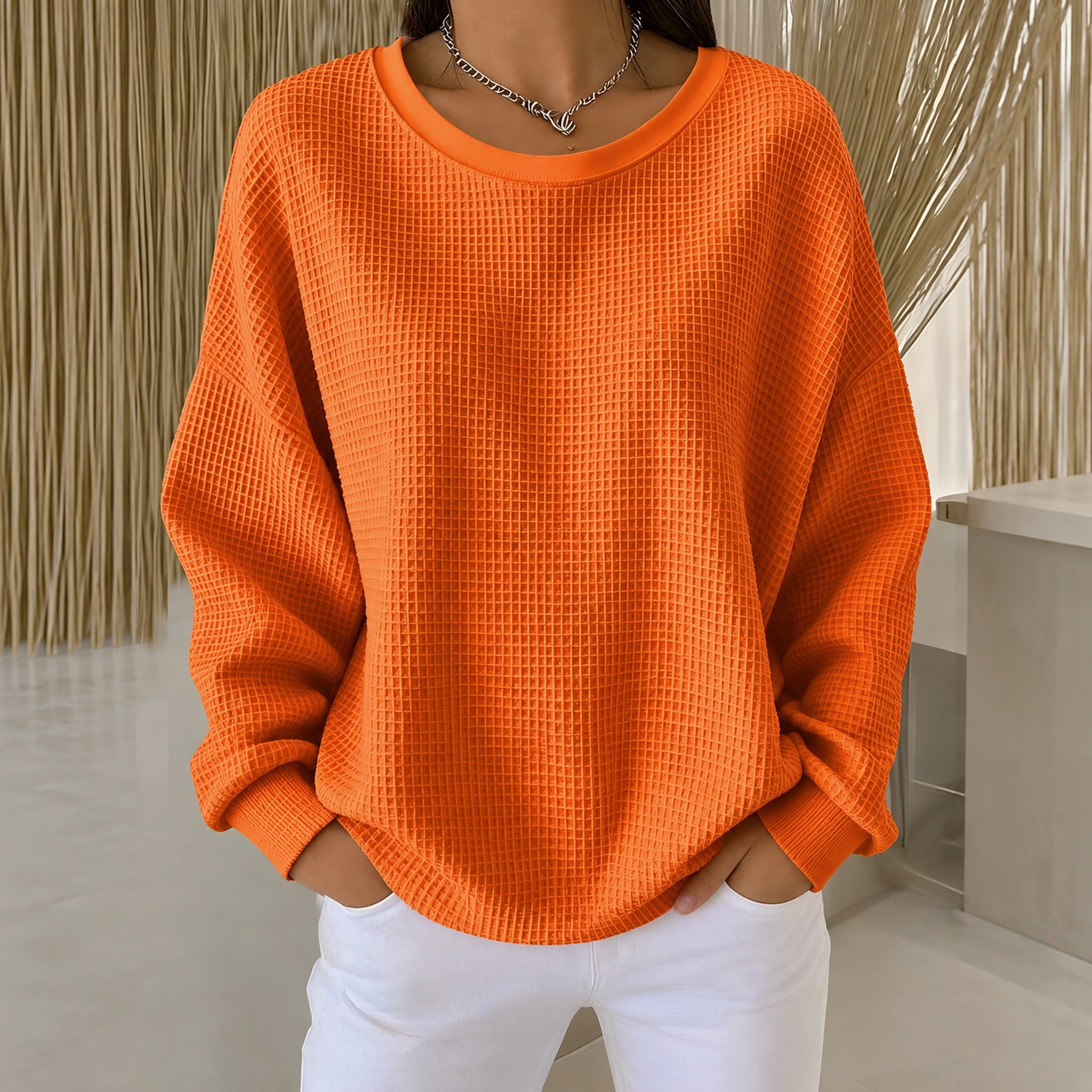 Raelynn classic waffle knit sweater in Orange, view 3