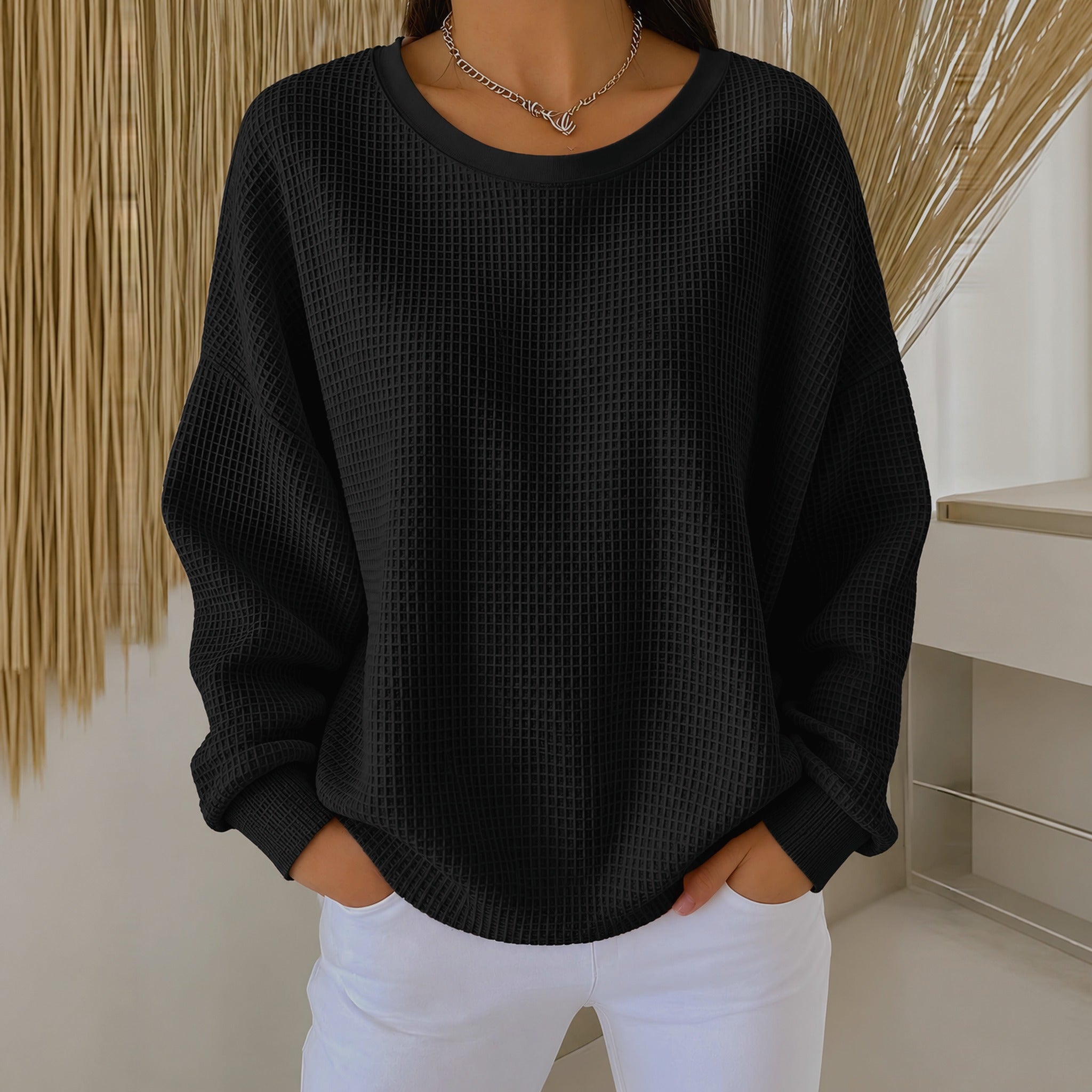 Raelynn classic waffle knit sweater in Black, view 4