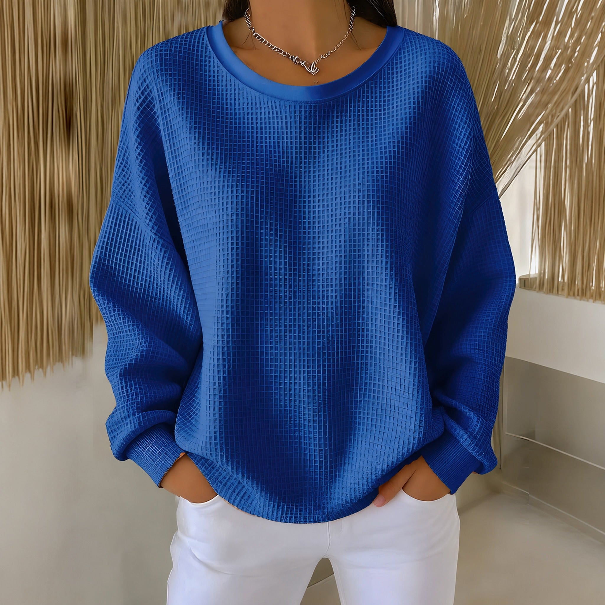 Raelynn classic waffle knit sweater in Blue, view 6