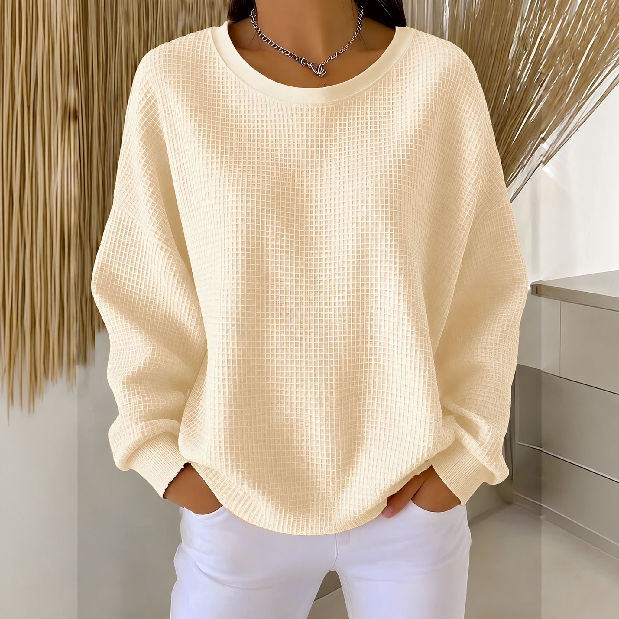 Raelynn classic waffle knit sweater in Apricot, view 7