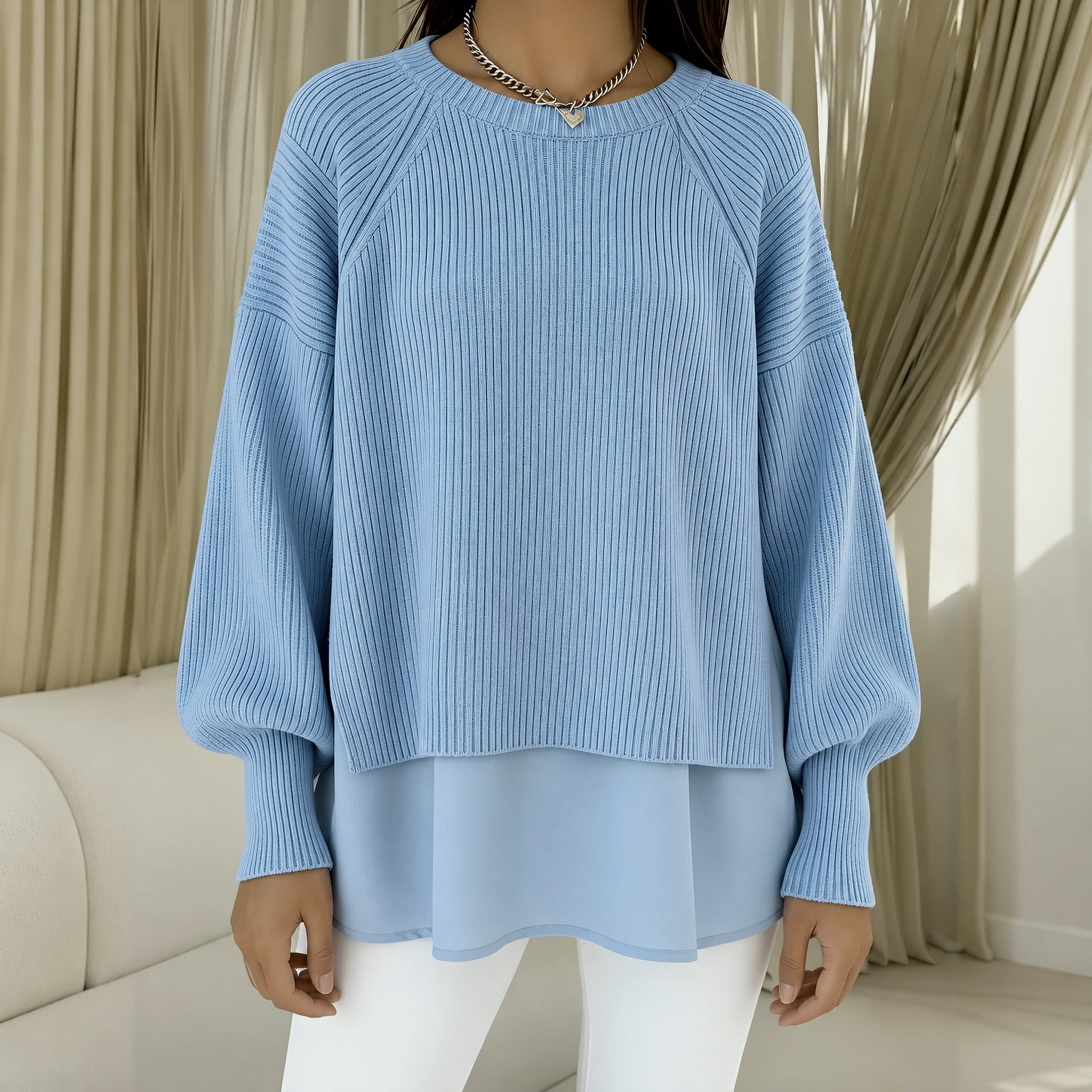 Rhonda layered look knit sweater in Blue, front view