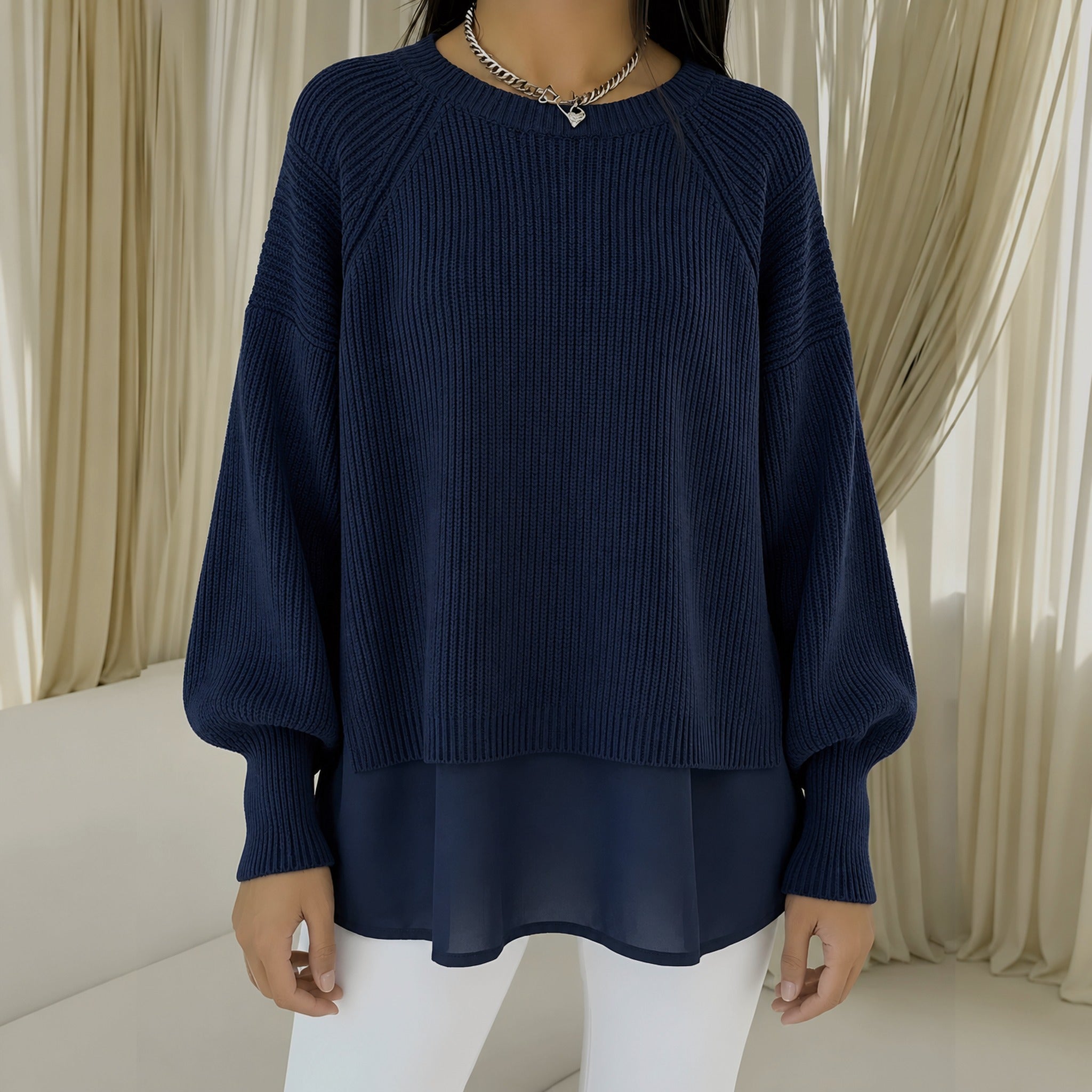Rhonda layered look knit sweater in Navy, view 3