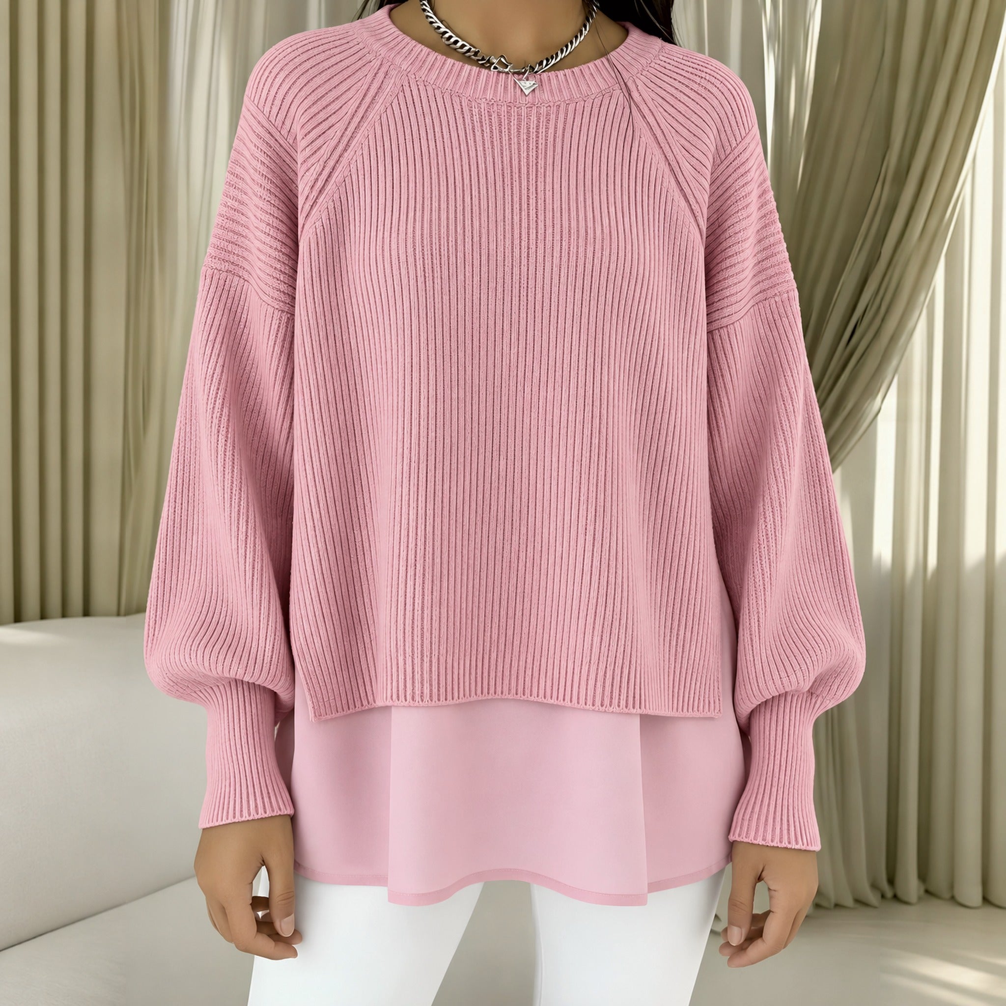 Rhonda layered look knit sweater in Pink, view 4