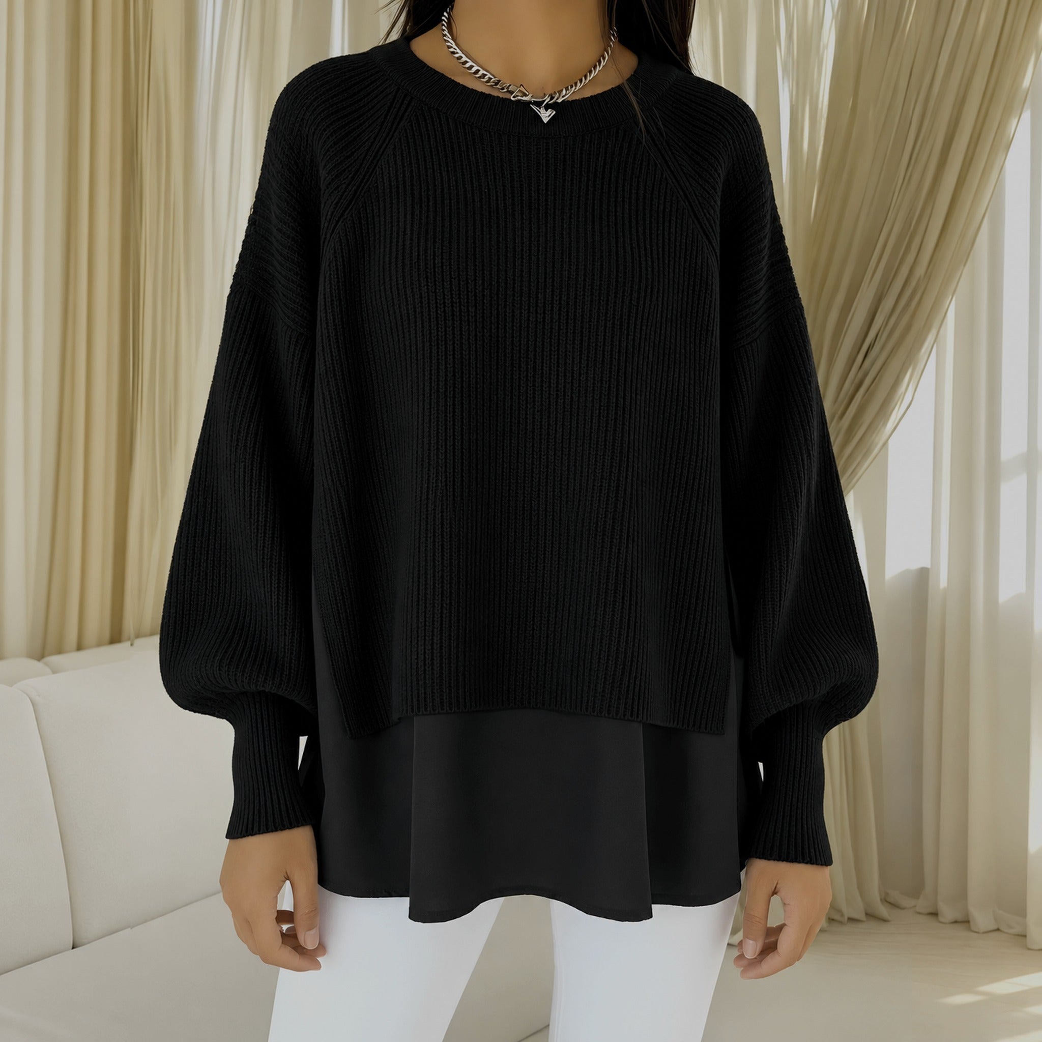 Rhonda layered look knit sweater in Black, view 5