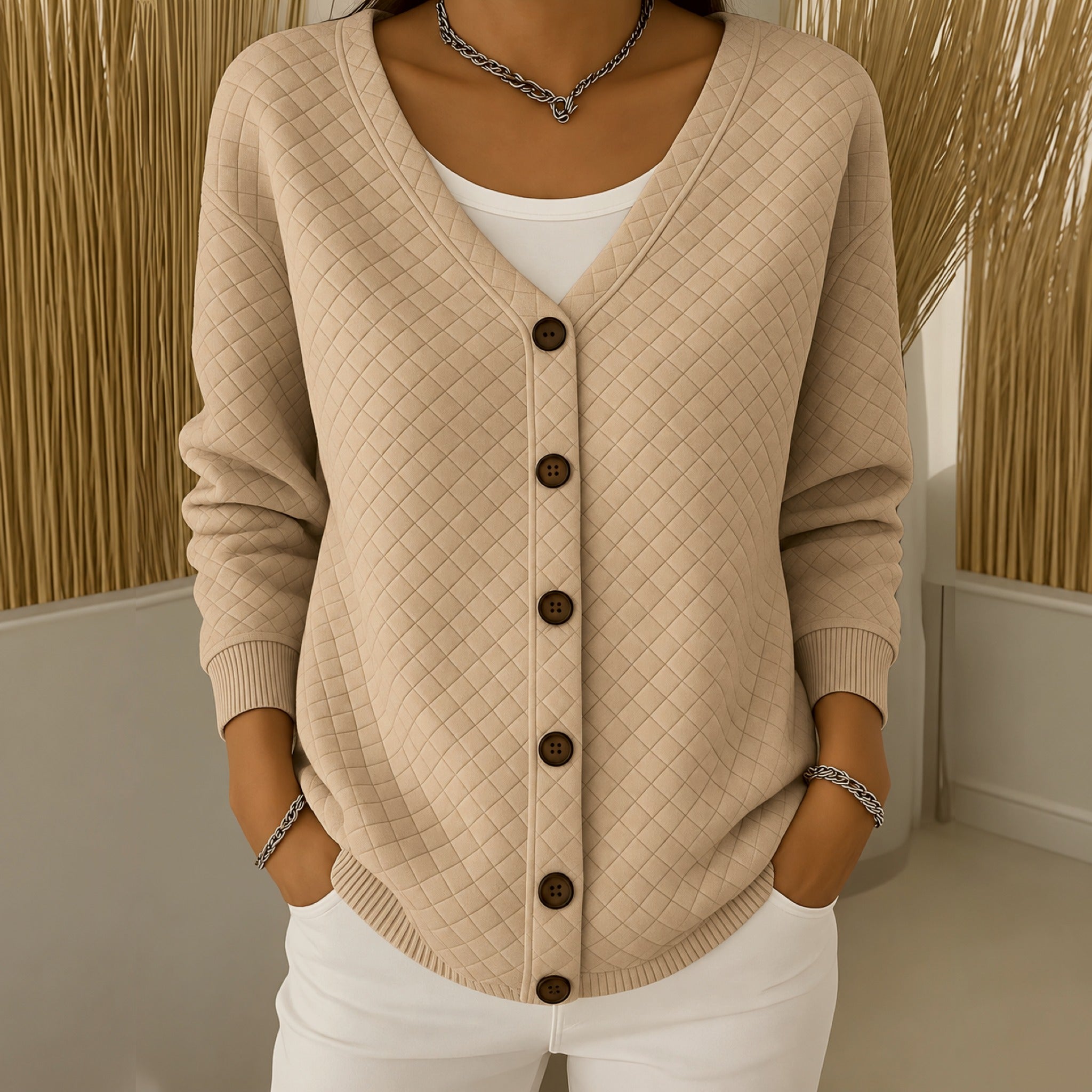 Sheila quilted button front cardigan in Khaki, view 3