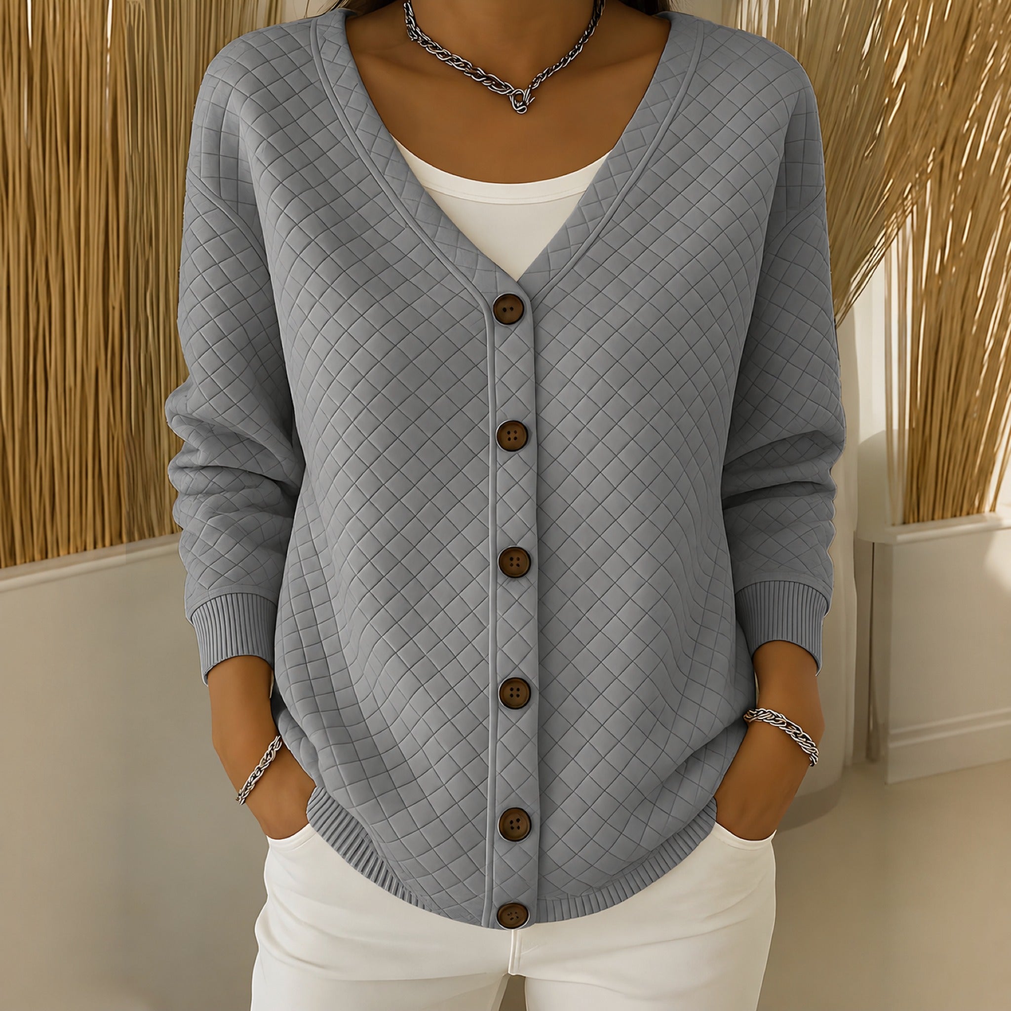 Sheila quilted button front cardigan in Gray, view 5