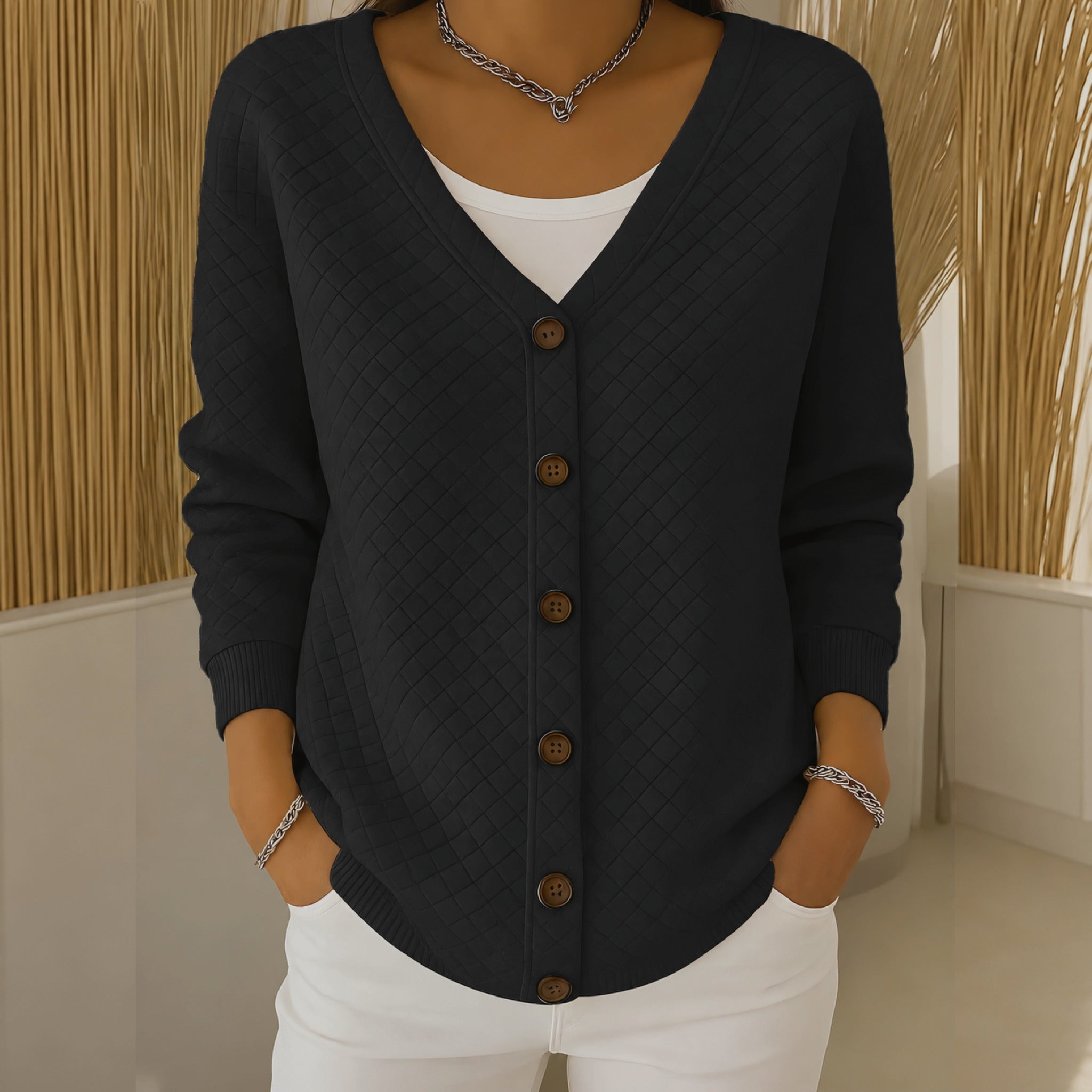 Sheila quilted button front cardigan in Black, view 6