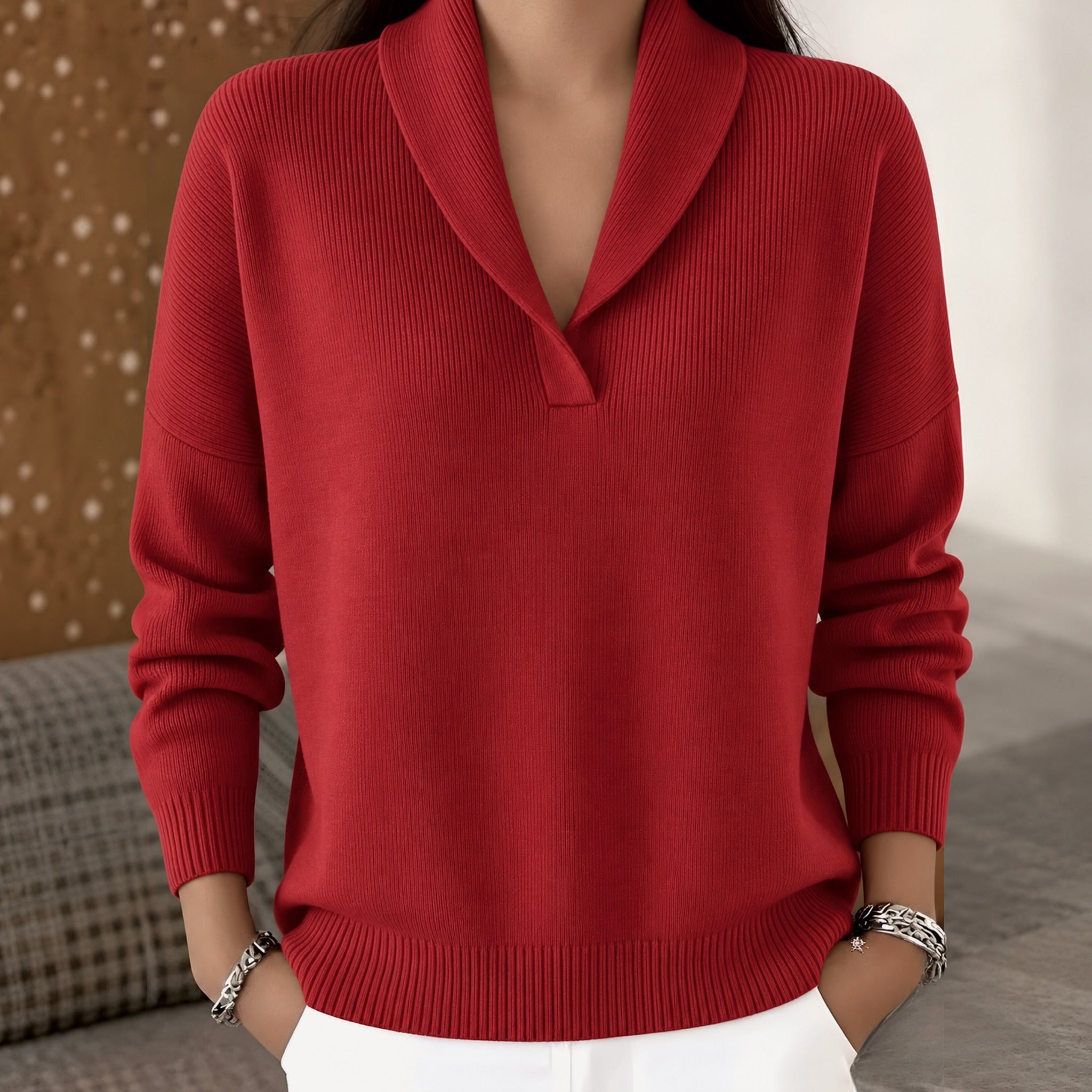 Cara shawl collar V neck sweater in Red, view 3