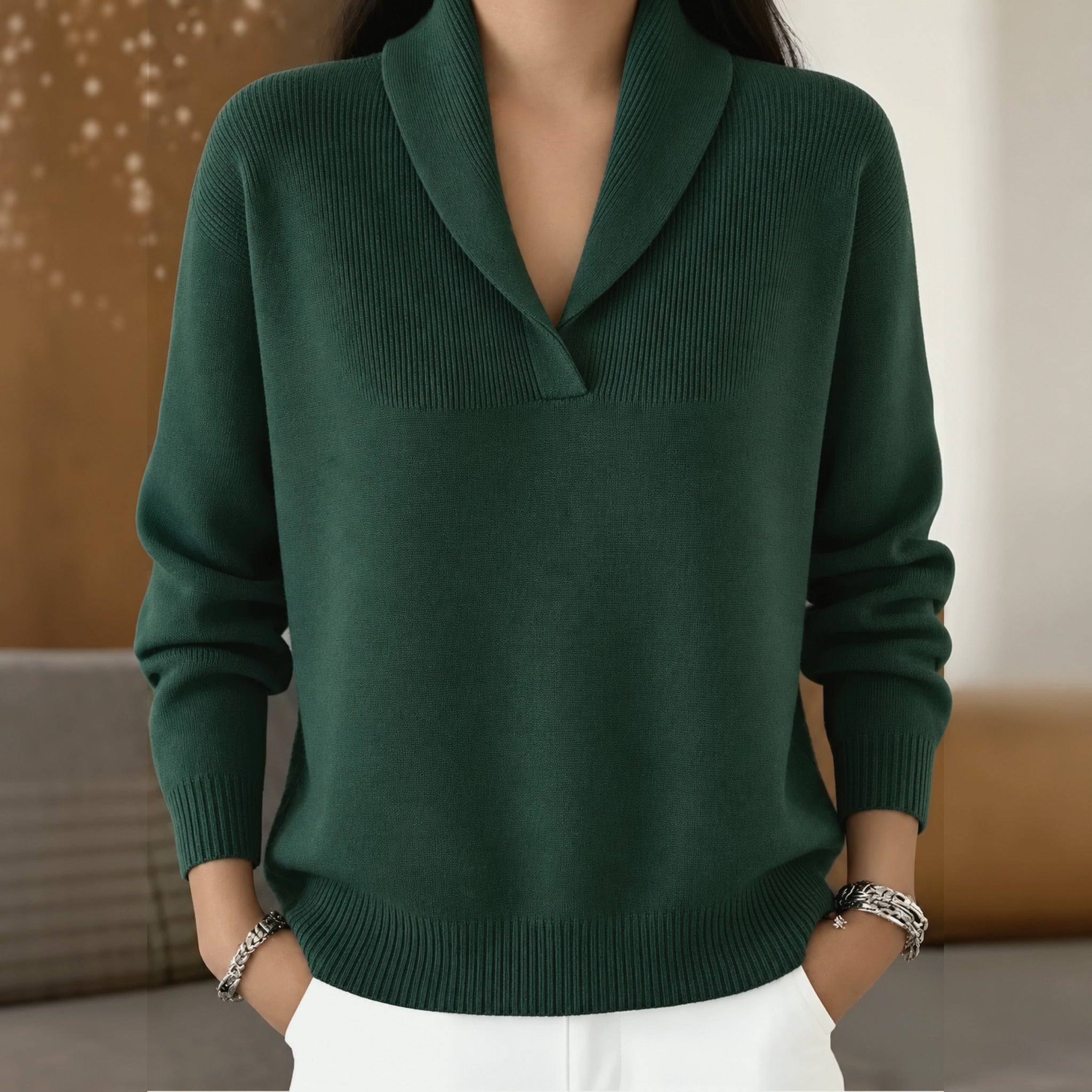 Cara shawl collar V neck sweater in Green, view 4