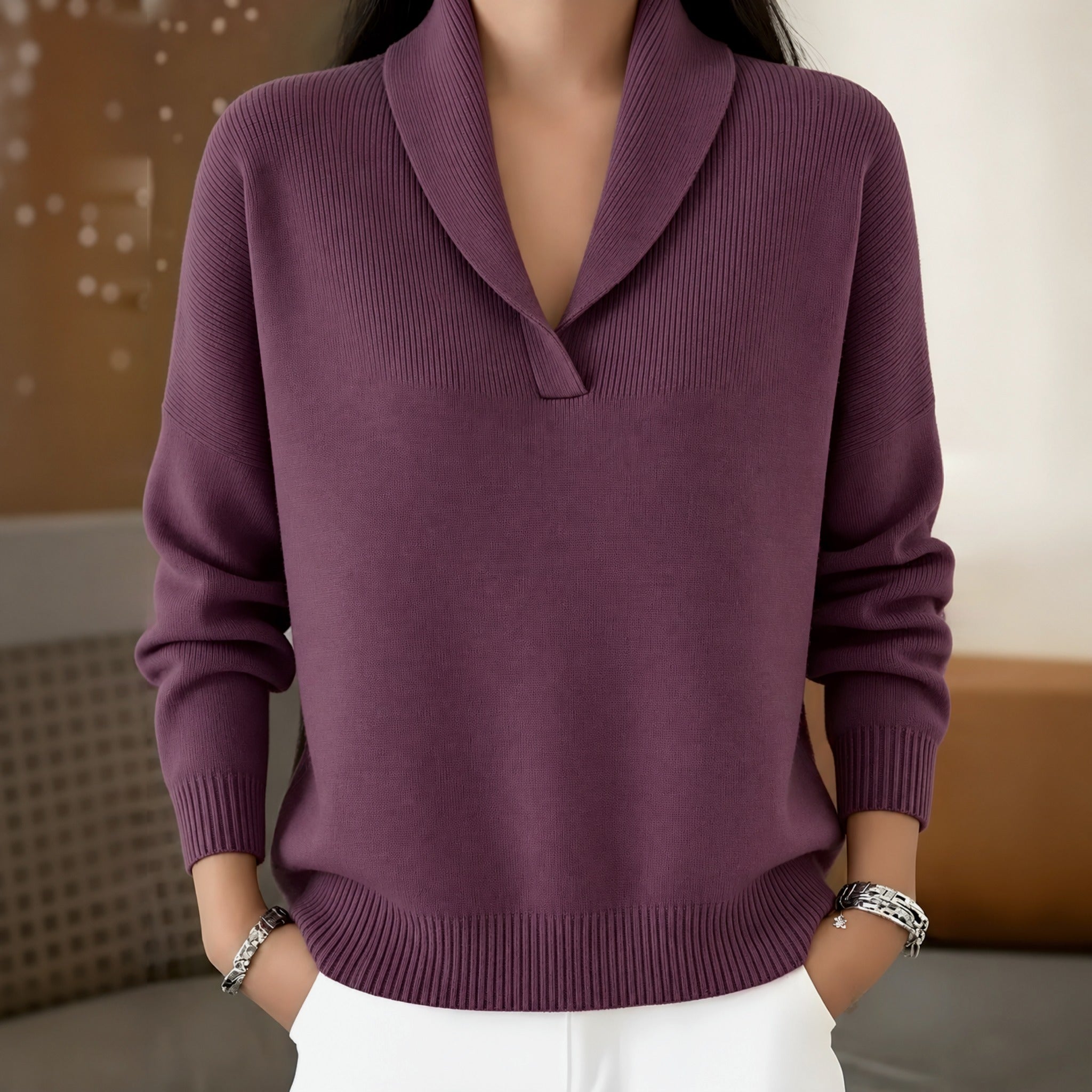 Cara shawl collar V neck sweater in Purple, view 5