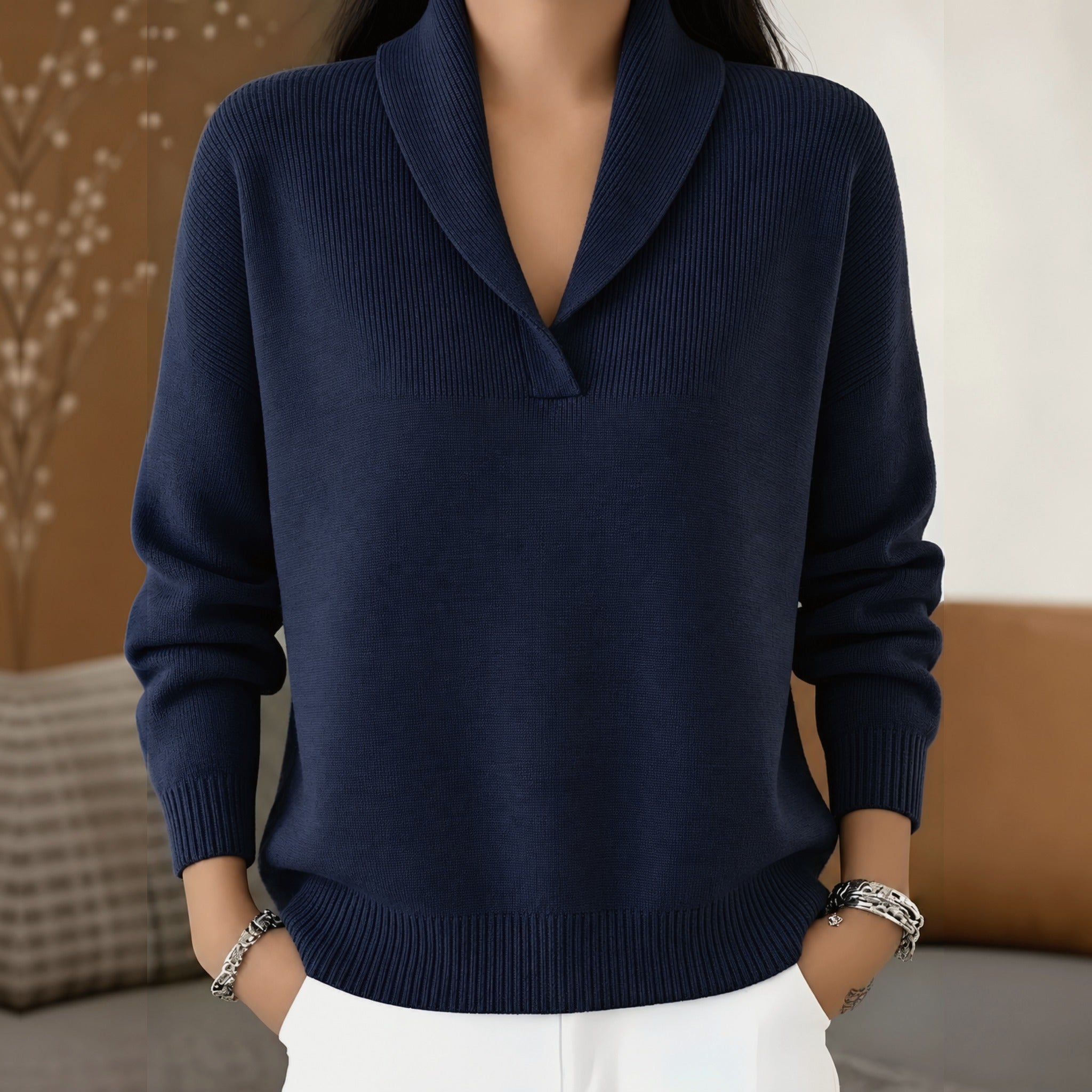 Cara shawl collar V neck sweater in Navy Blue, view 7