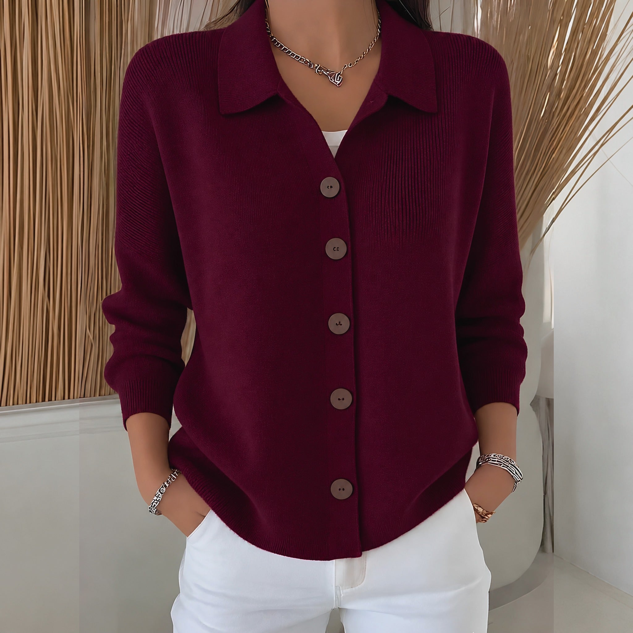 Christy collared button front cardigan in Burgundy, front view