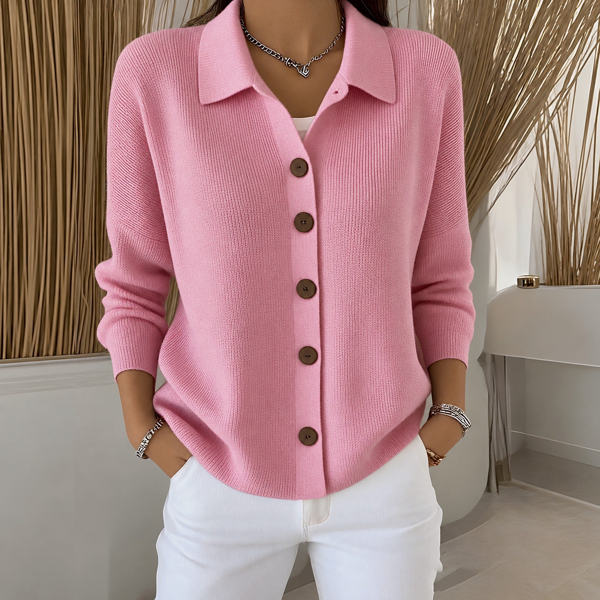Christy collared button front cardigan in Pink, view 2