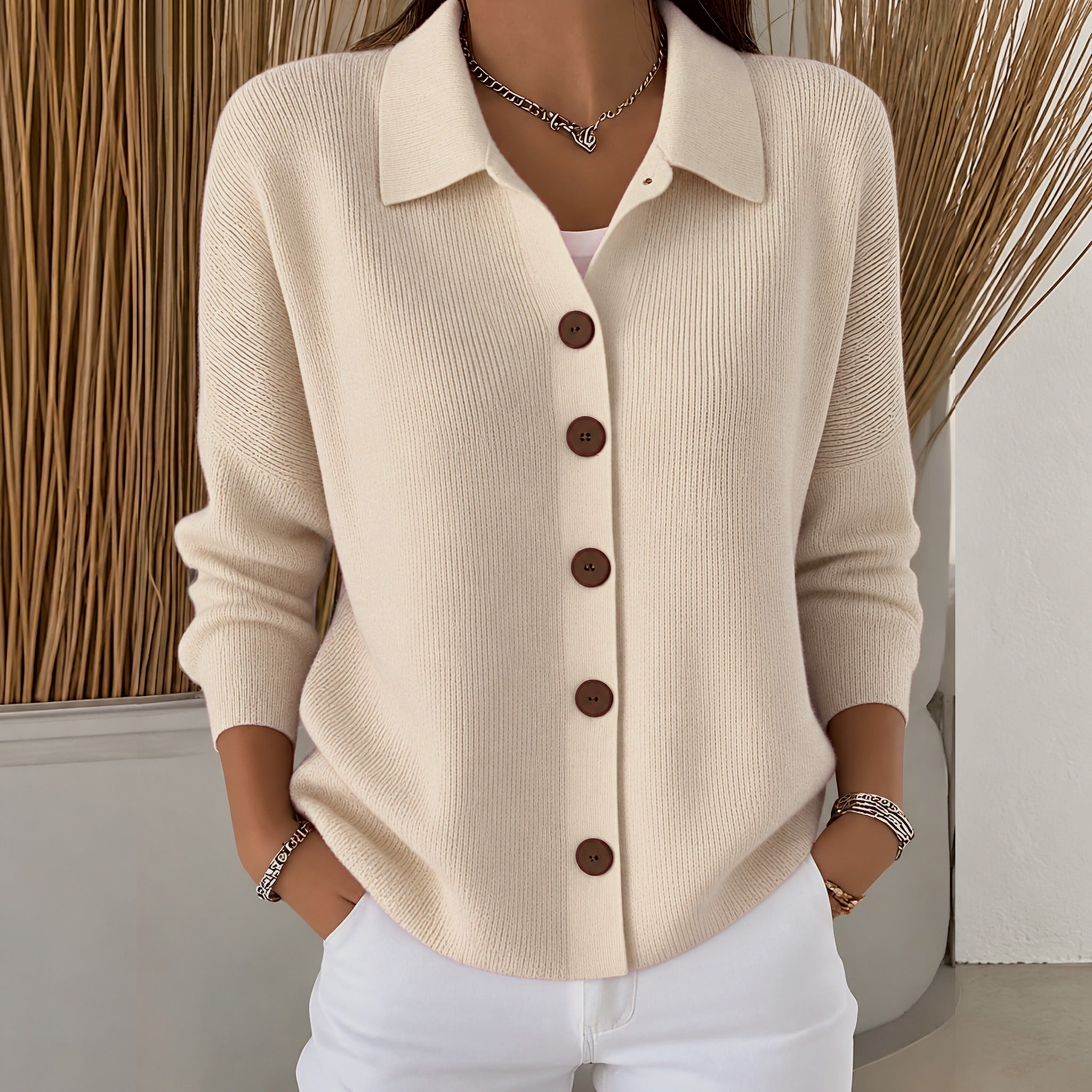 Christy collared button front cardigan in Apricot, view 4