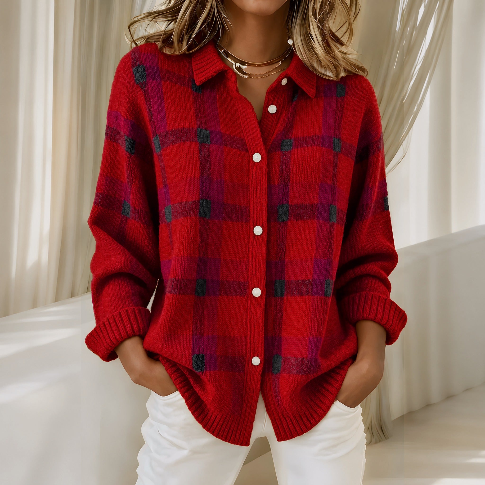 Deanna plaid knit cardigan in Red, view 3