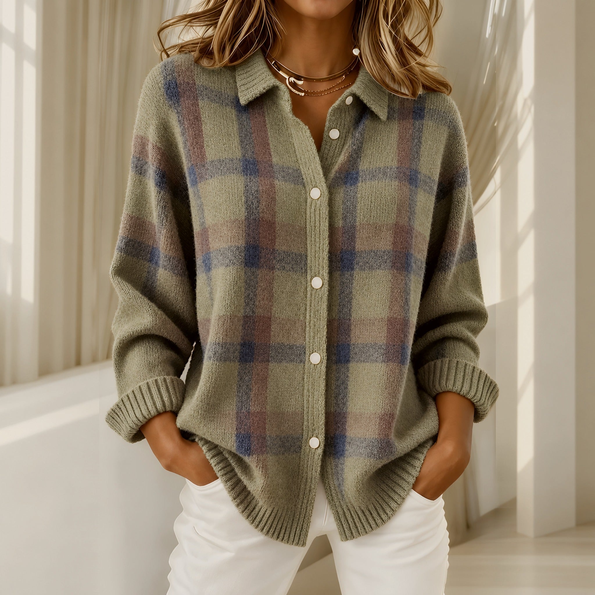 Deanna plaid knit cardigan in Brown, view 5