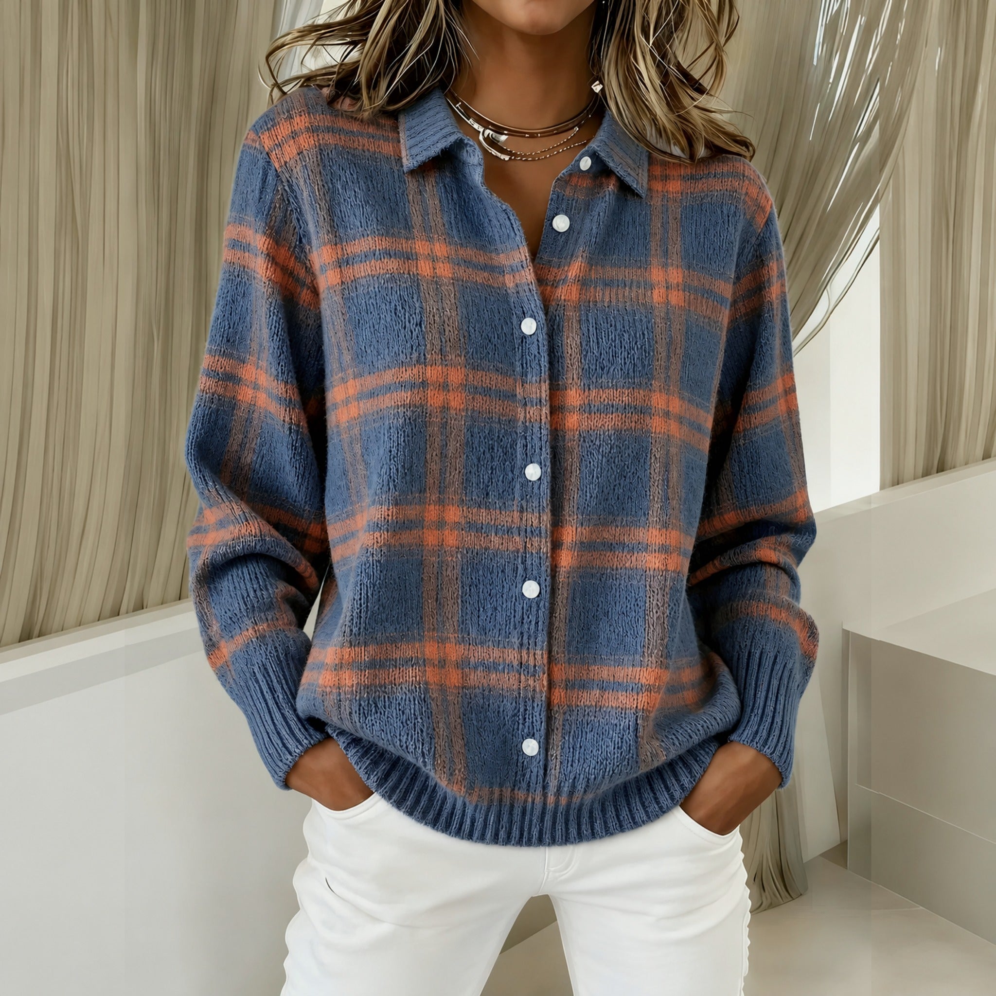 Deanna plaid knit cardigan in Blue & Orange, view 8
