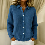 Frankie textured knit button up cardigan in Dark Blue, view 3