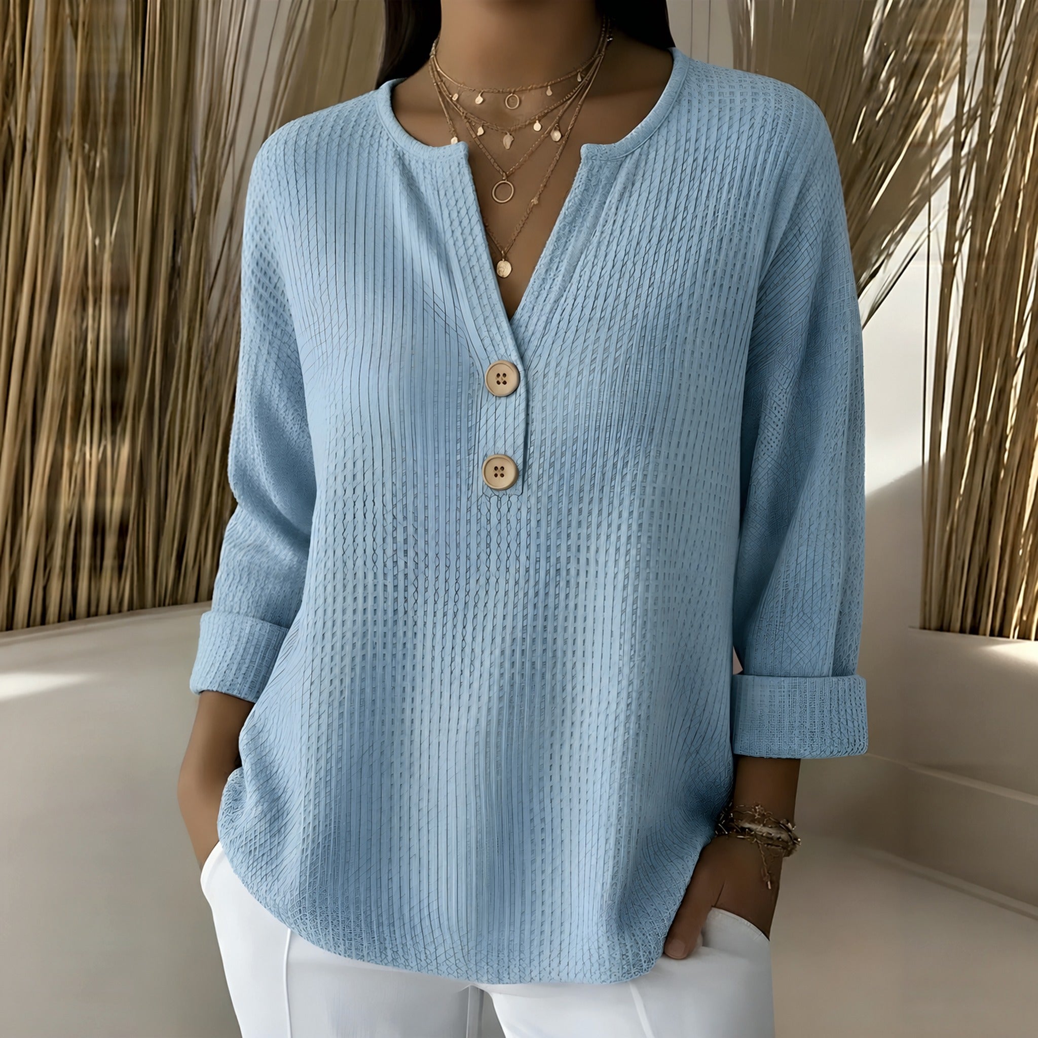 Ginger waffle knit henley top in Sky Blue, view 2