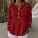 Ginger waffle knit henley top in Red, view 3