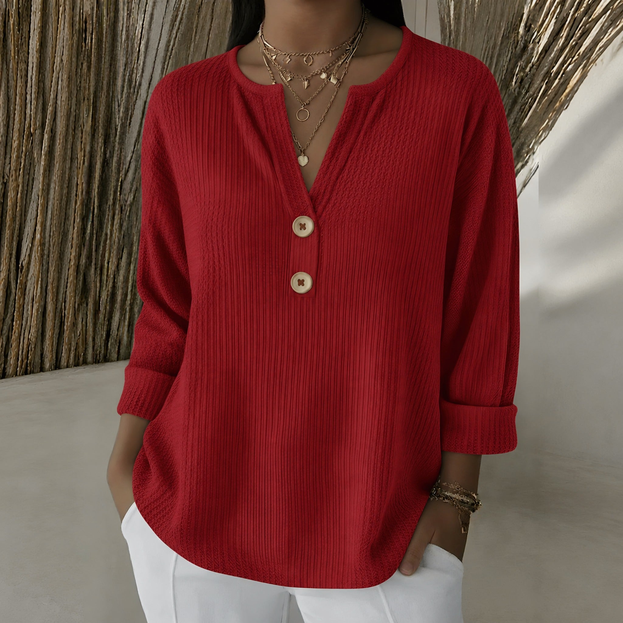 Ginger waffle knit henley top in Red, view 3