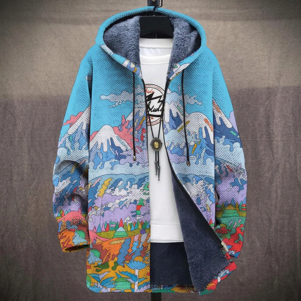 Sophia mountain landscape print hooded fleece lined jacket, front view