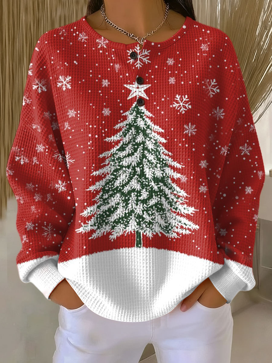 Sadie red Christmas tree waffle knit sweater, view 2