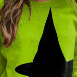 Sophia green witch sweatshirt in green, black, detail view