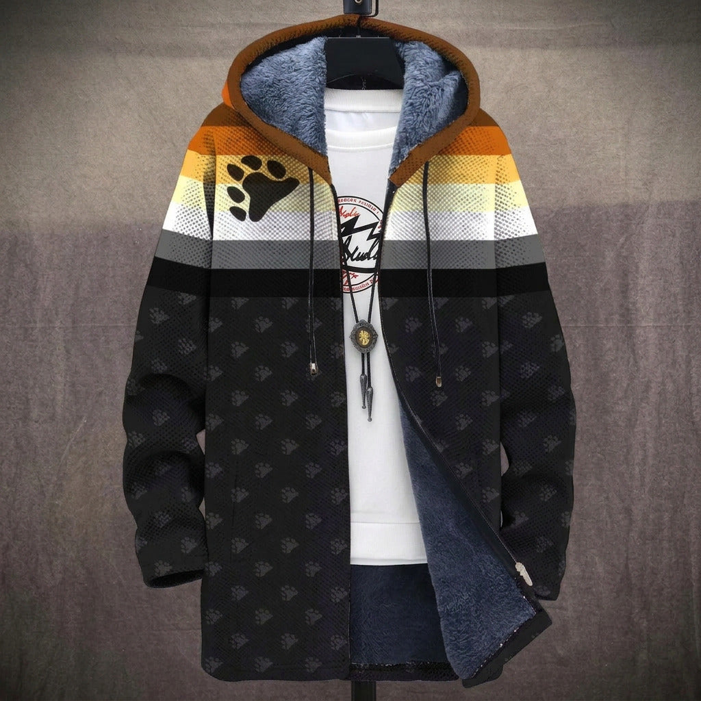 Wanda bear paw stripe print hooded fleece lined jacket, front view