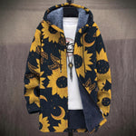 Veronica yellow sunflower and moon print on navy hooded jacket, front view