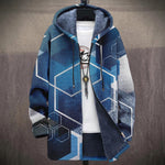 Virginia geometric hexagon print in shades of blue and navy hooded jacket, front view