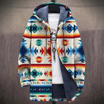 Winifred blue, red and yellow Aztec print on cream hooded jacket, front view