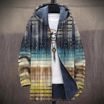 Wilma gray, blue and yellow gradient plaid print hooded jacket, front view