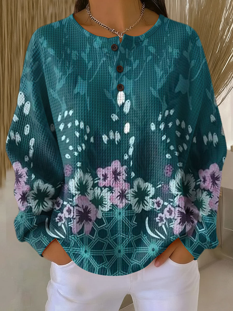 Willow turquoise floral waffle knit sweater, view 2