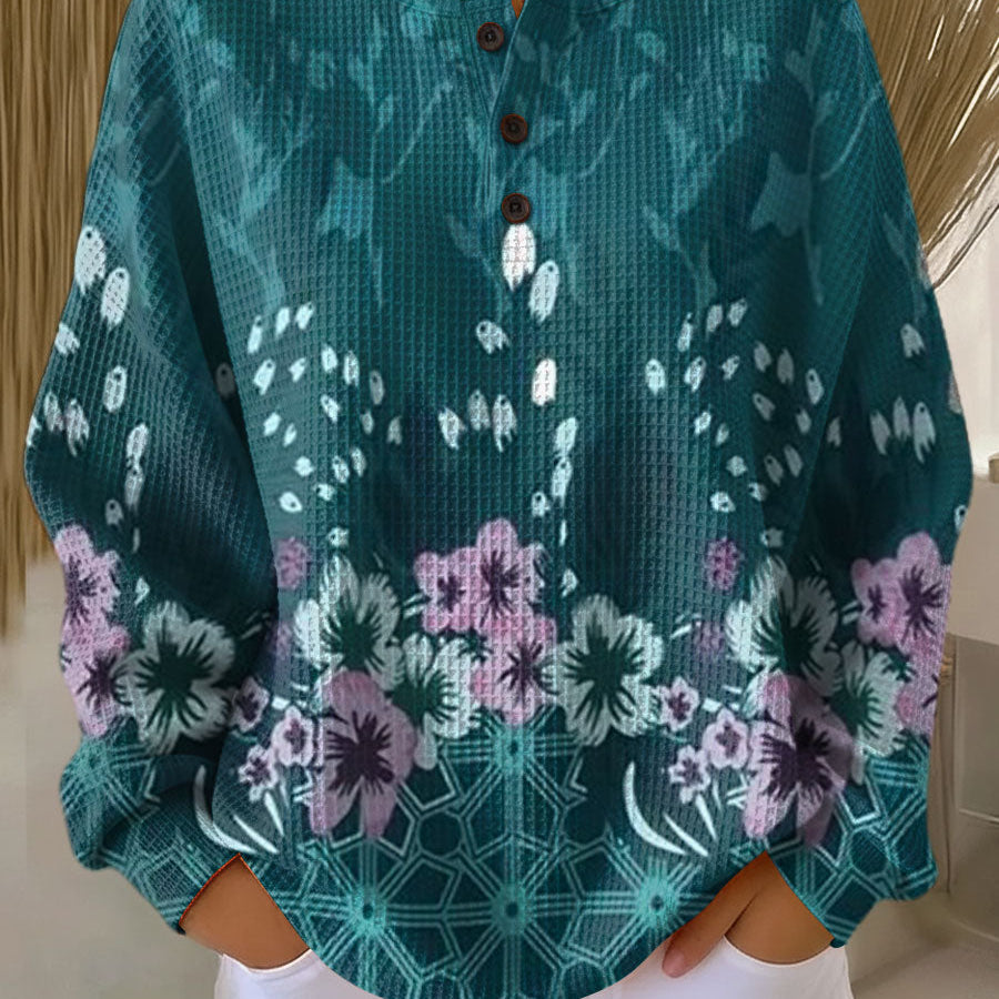 Willow turquoise floral waffle knit sweater, view 2