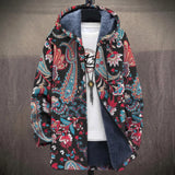 Zoe red, pink and turquoise floral paisley print on black hooded jacket, front view